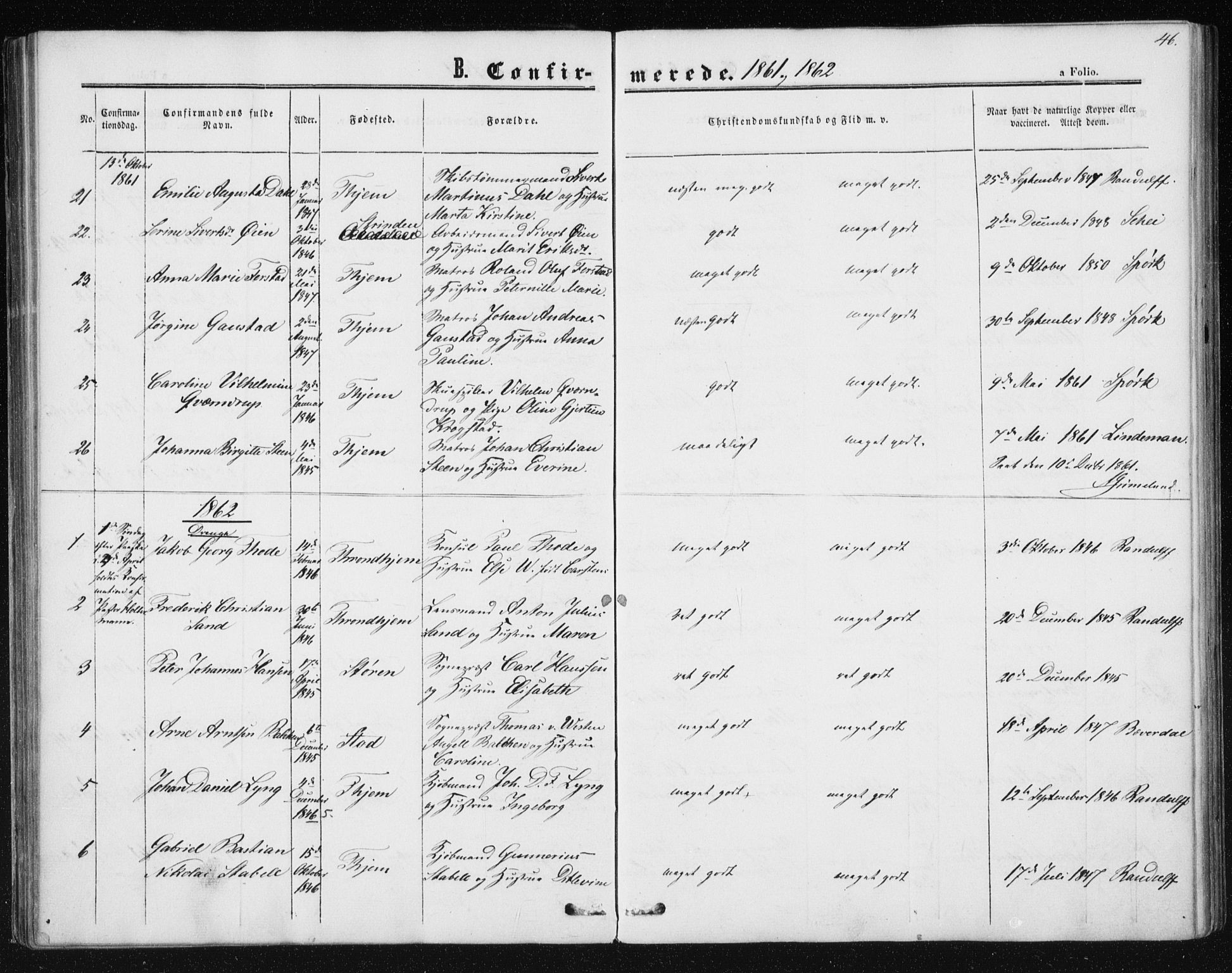 Ministerialprotokoller, klokkerbøker og fødselsregistre - Sør-Trøndelag, SAT/A-1456/602/L0114: Parish register (official) no. 602A12, 1856-1872, p. 46