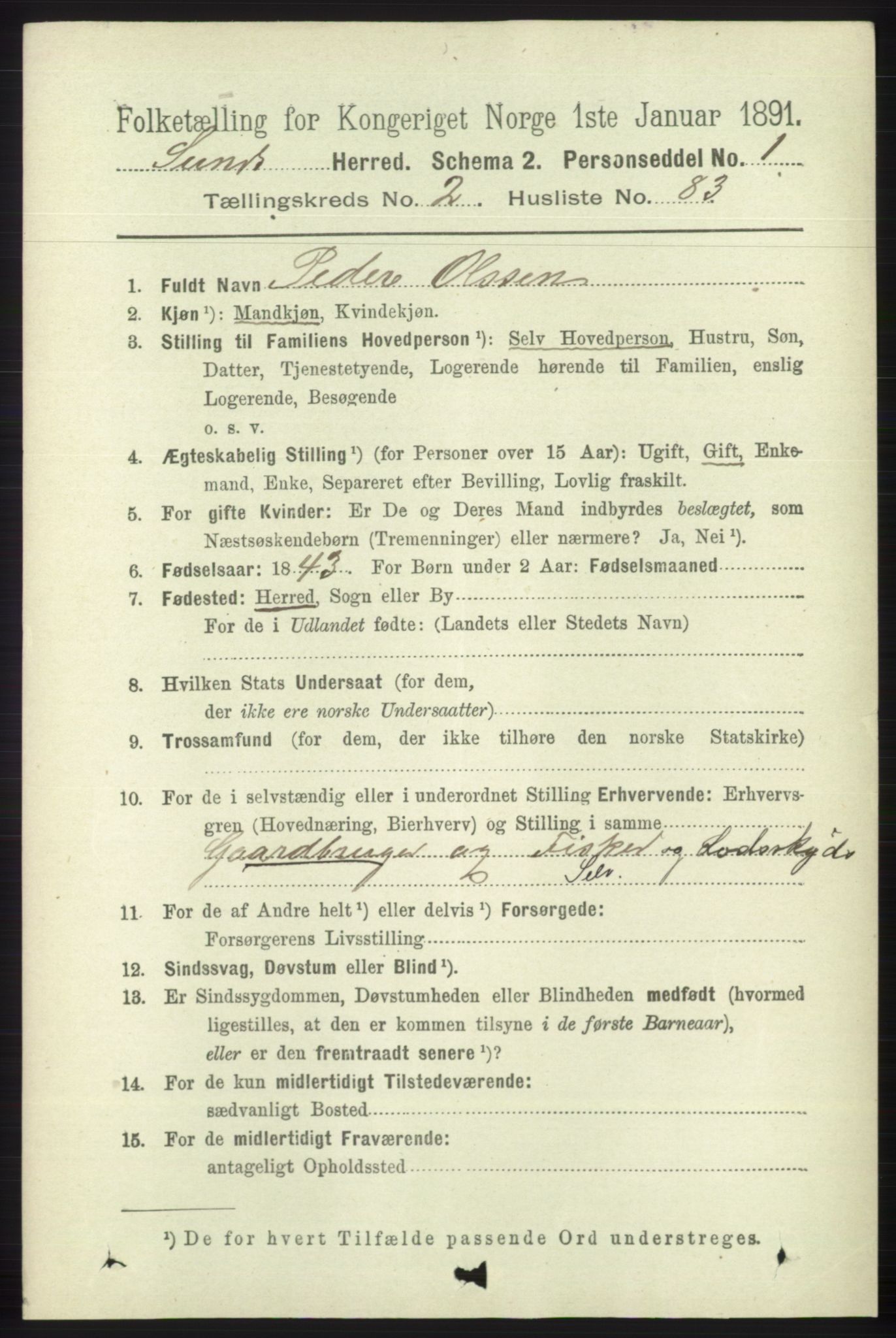 RA, 1891 census for 1245 Sund, 1891, p. 1127