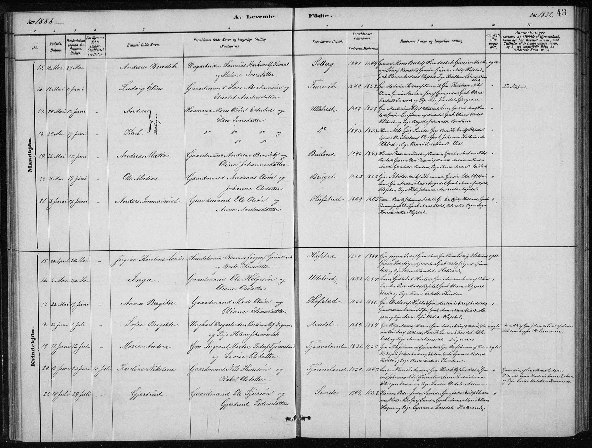 Førde sokneprestembete, AV/SAB-A-79901/H/Hab/Haba/L0002: Parish register (copy) no. A 2, 1881-1898, p. 43