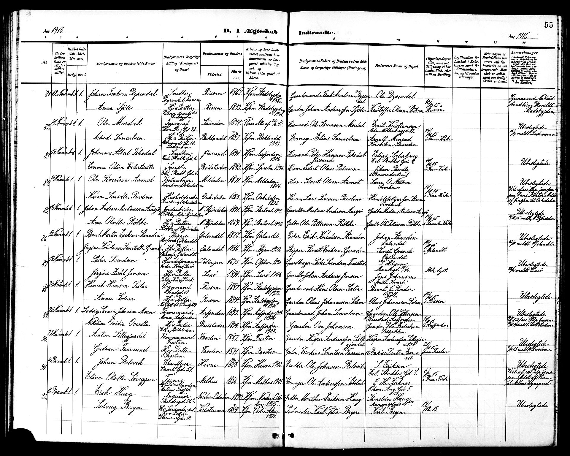 Ministerialprotokoller, klokkerbøker og fødselsregistre - Sør-Trøndelag, AV/SAT-A-1456/602/L0145: Parish register (copy) no. 602C13, 1902-1919, p. 55