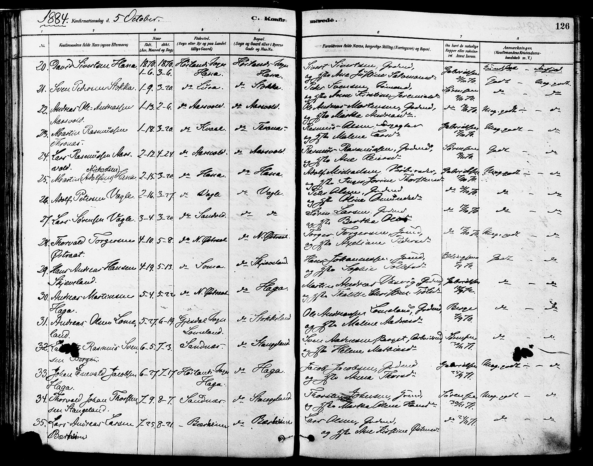 Høyland sokneprestkontor, AV/SAST-A-101799/001/30BA/L0011: Parish register (official) no. A 10, 1878-1888, p. 126