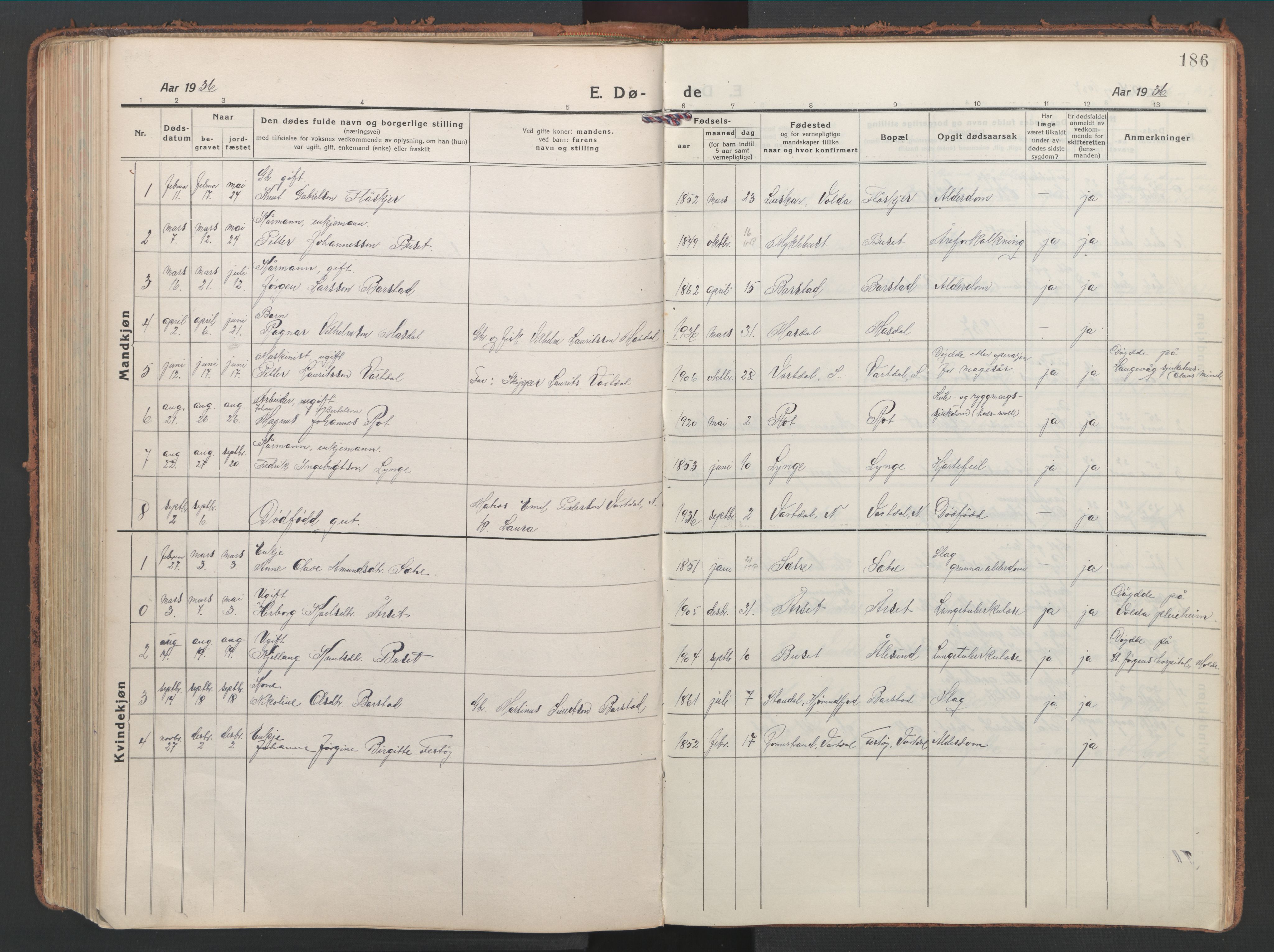 Ministerialprotokoller, klokkerbøker og fødselsregistre - Møre og Romsdal, AV/SAT-A-1454/514/L0202: Parish register (copy) no. 514C02, 1916-1944, p. 186