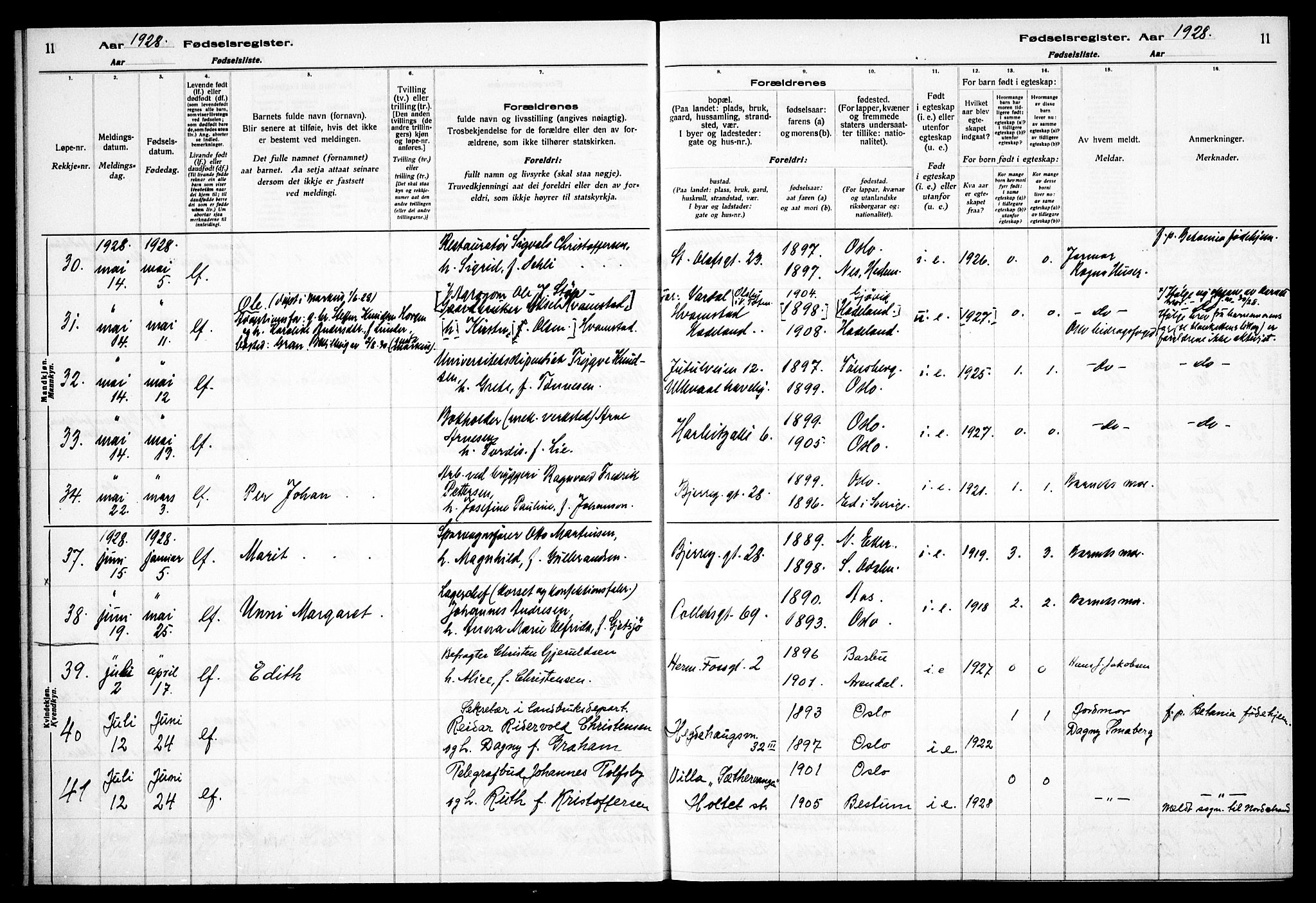 Gamle Aker prestekontor Kirkebøker, AV/SAO-A-10617a/J/L0002: Birth register no. 2, 1927-1935, p. 11