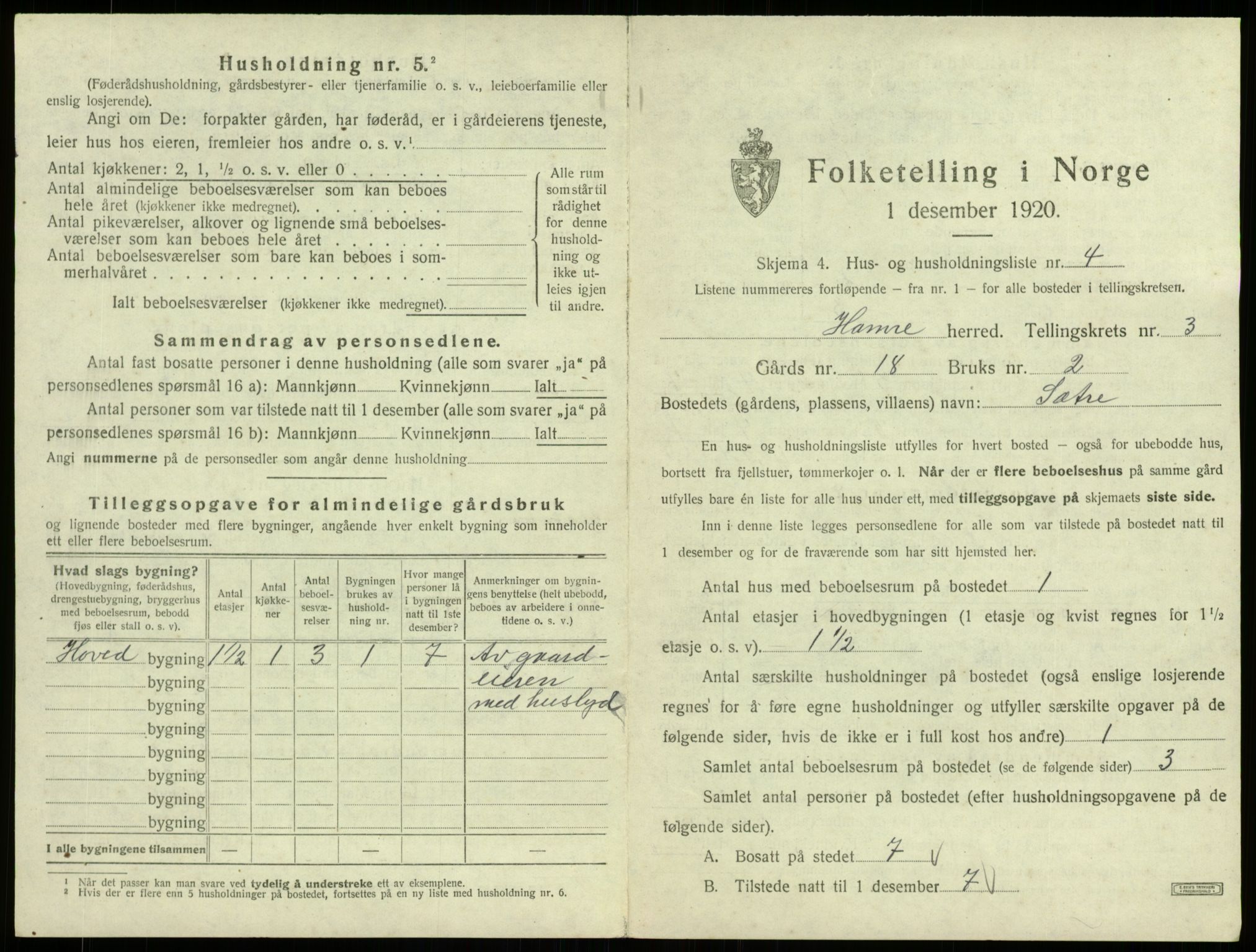 SAB, 1920 census for Hamre, 1920, p. 206