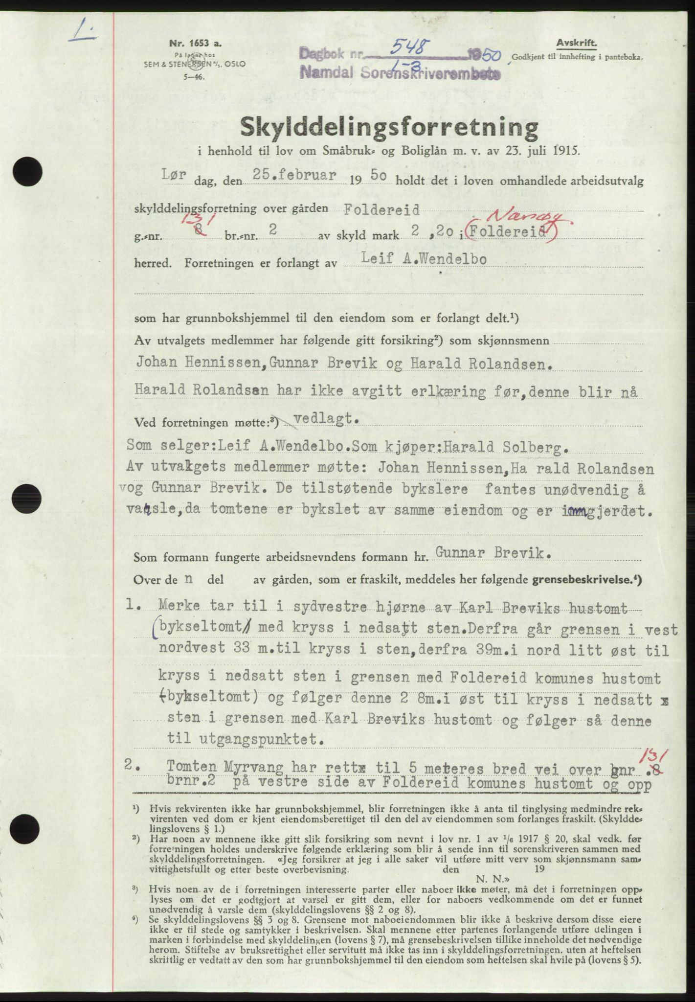 Namdal sorenskriveri, AV/SAT-A-4133/1/2/2C: Mortgage book no. -, 1950-1950, Diary no: : 548/1950