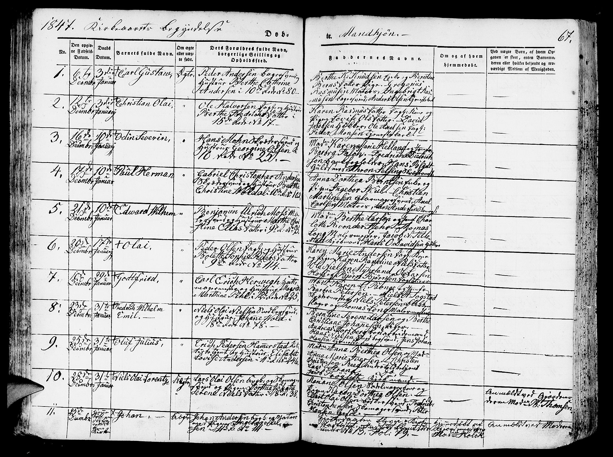 Domkirken sokneprestembete, SAB/A-74801/H/Hab/L0009: Parish register (copy) no. B 2, 1842-1849, p. 67