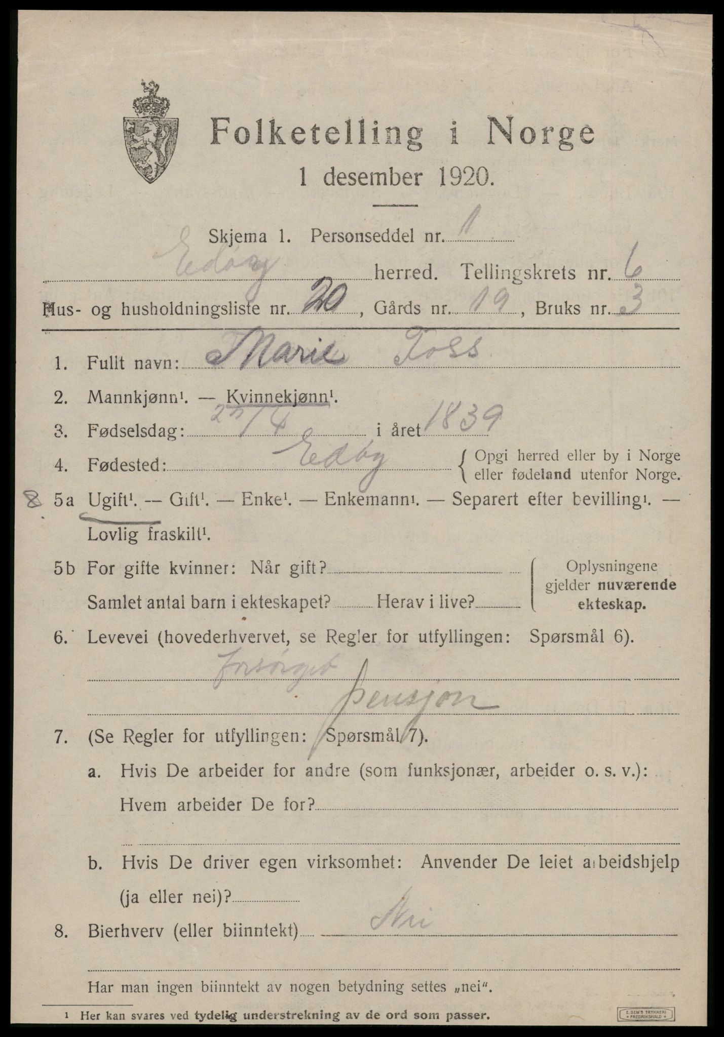 SAT, 1920 census for Edøy, 1920, p. 2012
