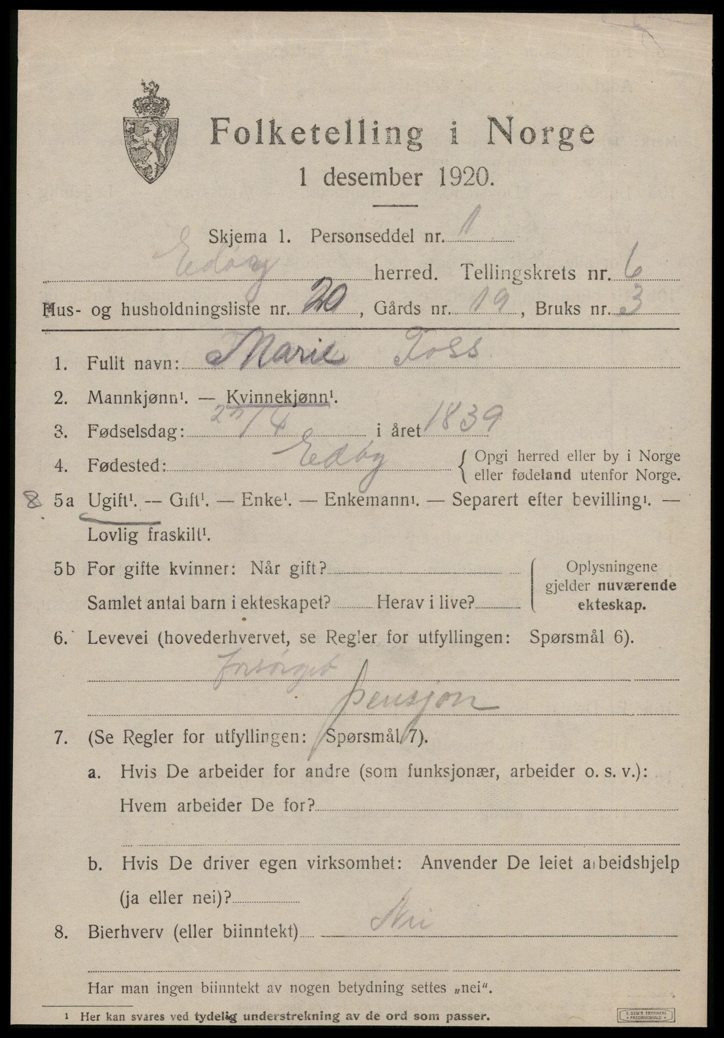 SAT, 1920 census for Edøy, 1920, p. 2012