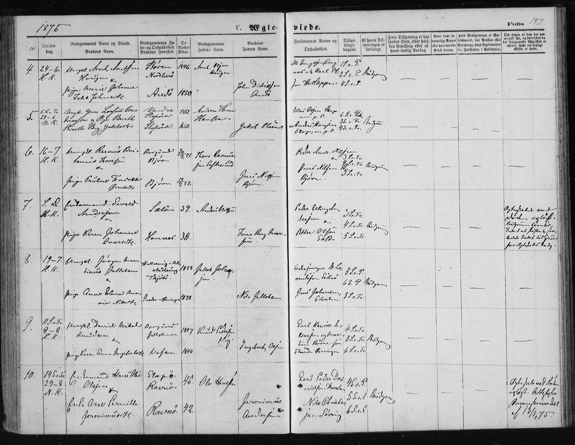 Ministerialprotokoller, klokkerbøker og fødselsregistre - Nordland, AV/SAT-A-1459/834/L0506: Parish register (official) no. 834A04, 1872-1878, p. 142