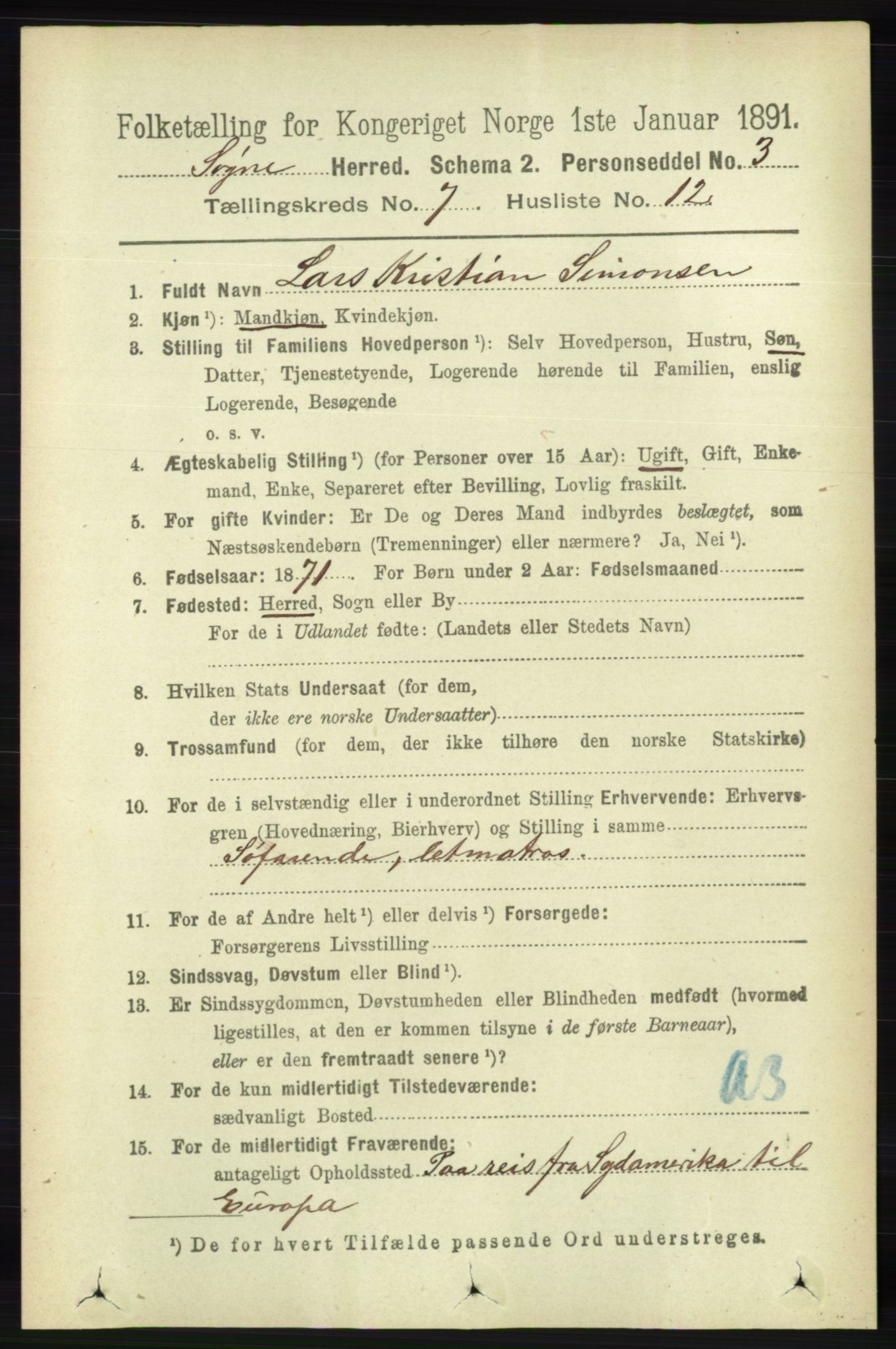 RA, 1891 census for 1018 Søgne, 1891, p. 1603