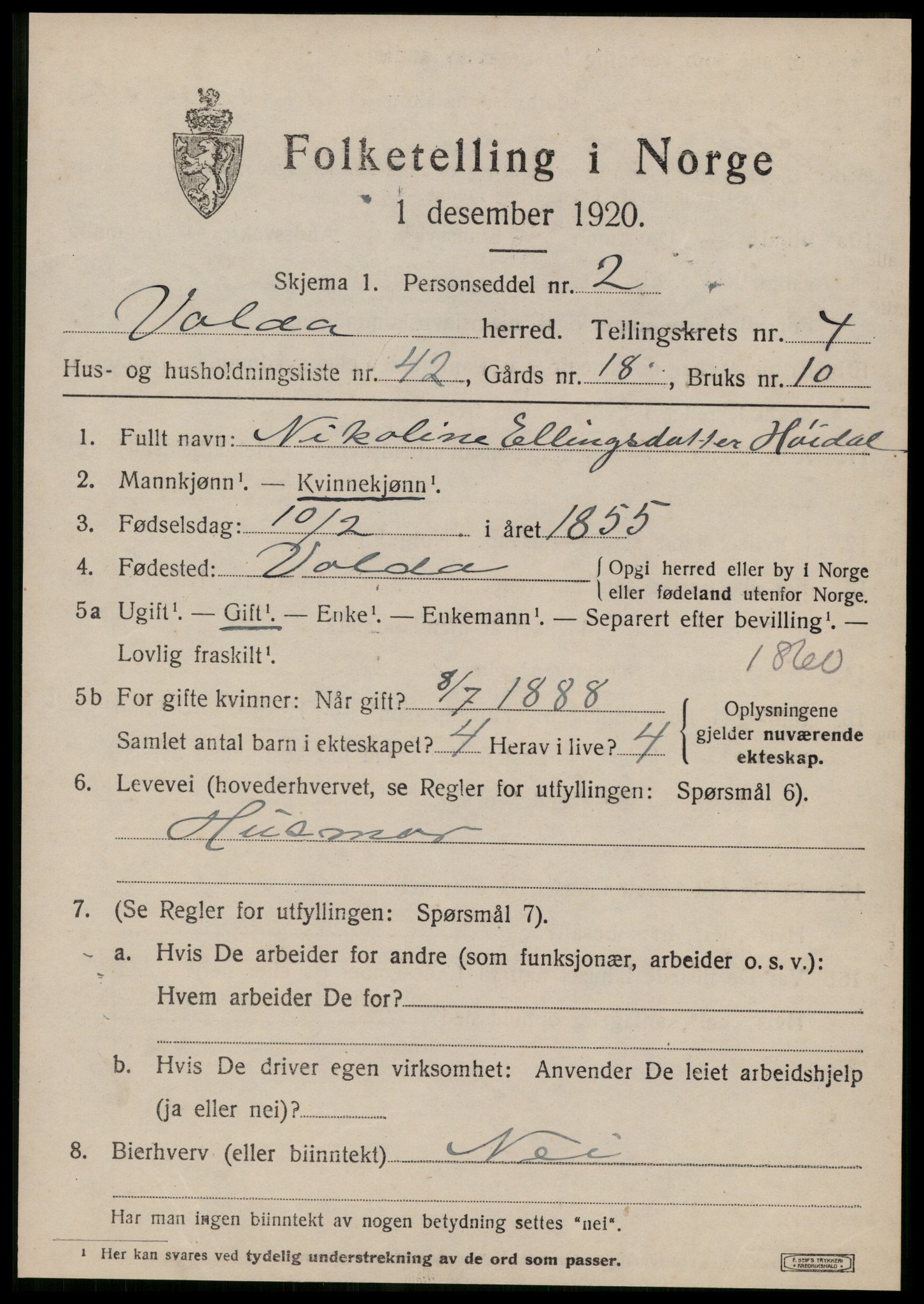 SAT, 1920 census for Volda, 1920, p. 3678