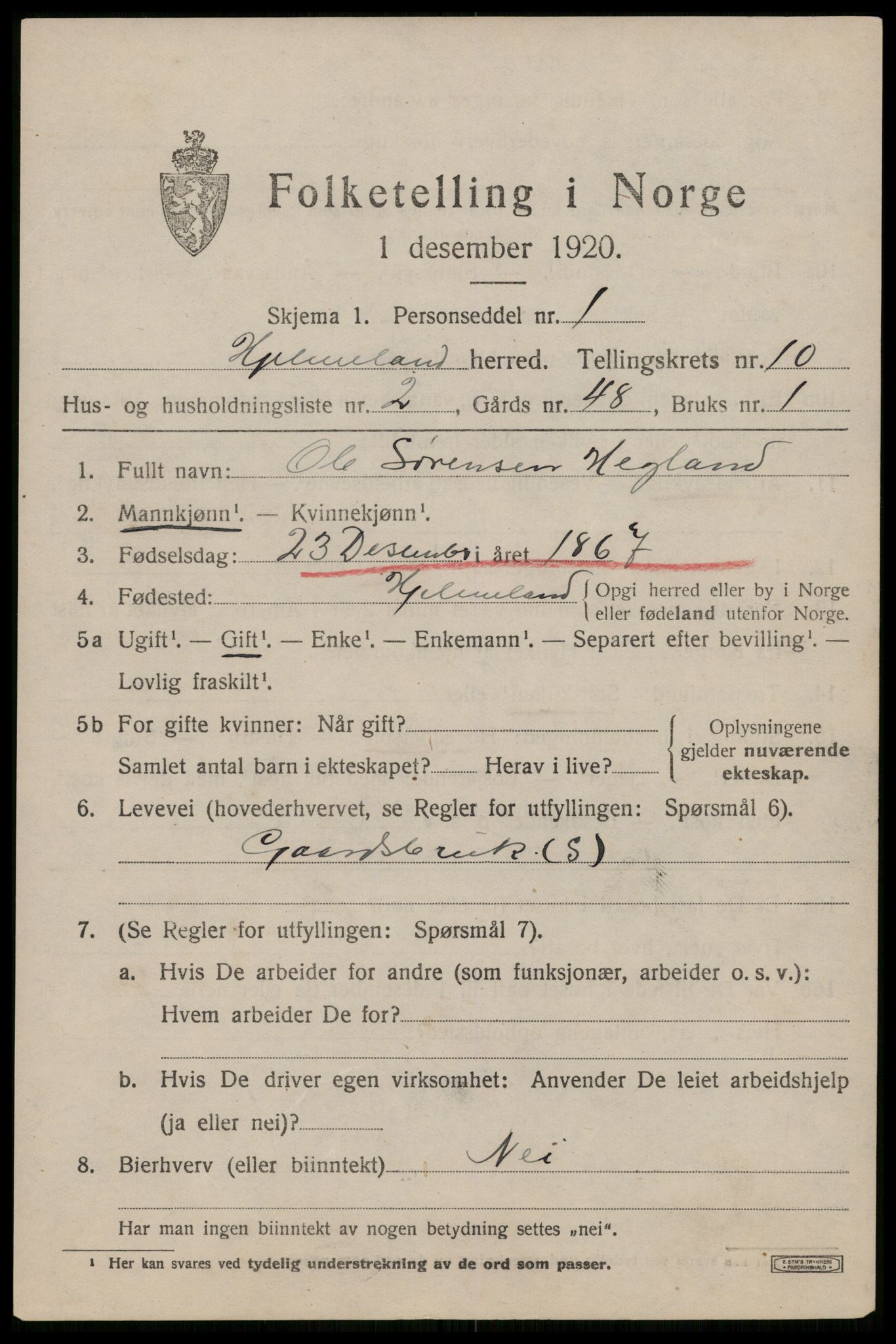 SAST, 1920 census for Hjelmeland, 1920, p. 3129