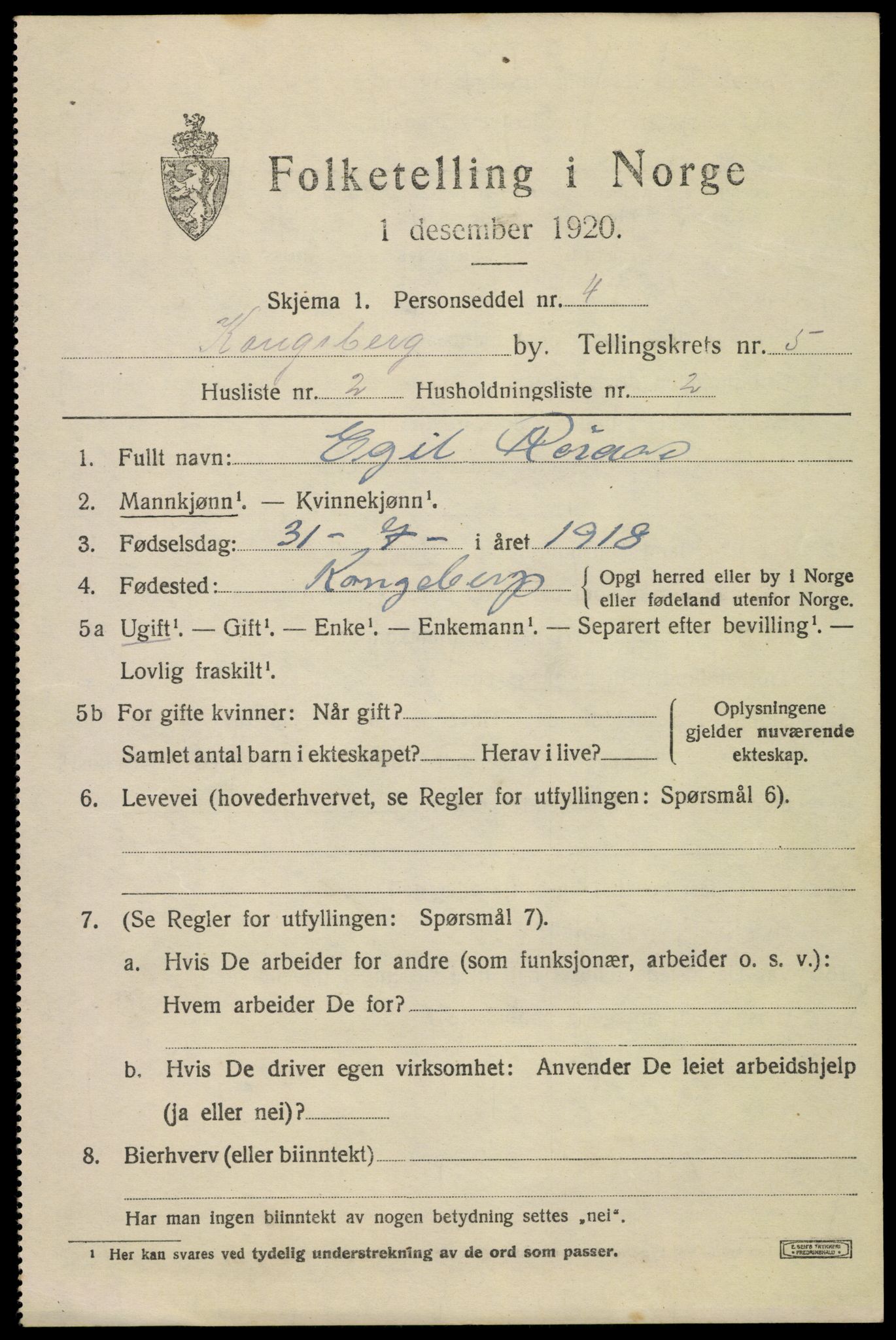 SAKO, 1920 census for Kongsberg, 1920, p. 12468