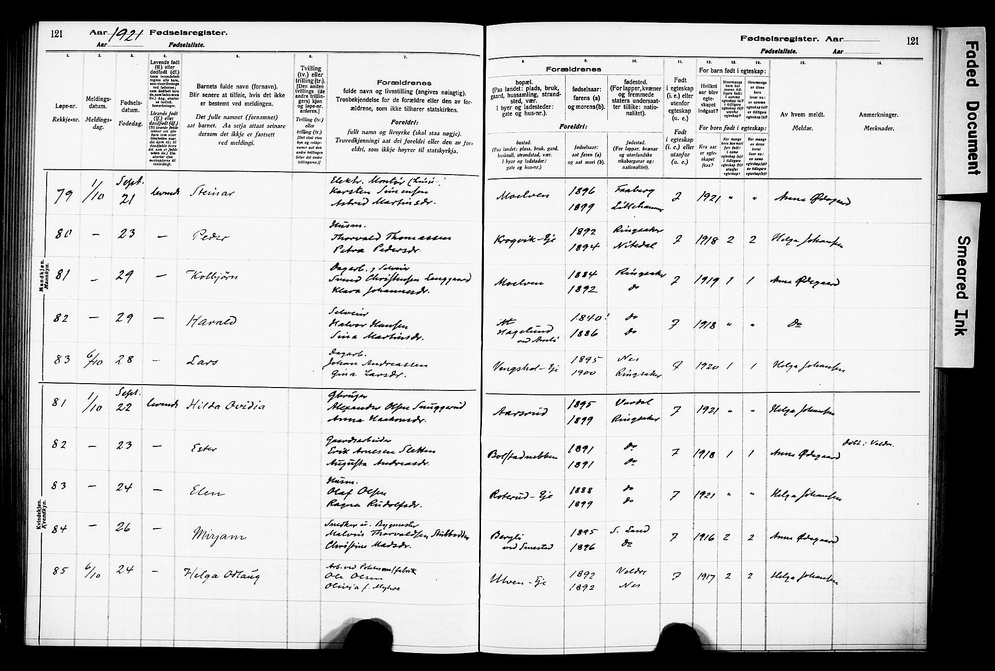 Ringsaker prestekontor, AV/SAH-PREST-014/O/Oa/L0001: Birth register no. 1, 1916-1925, p. 121