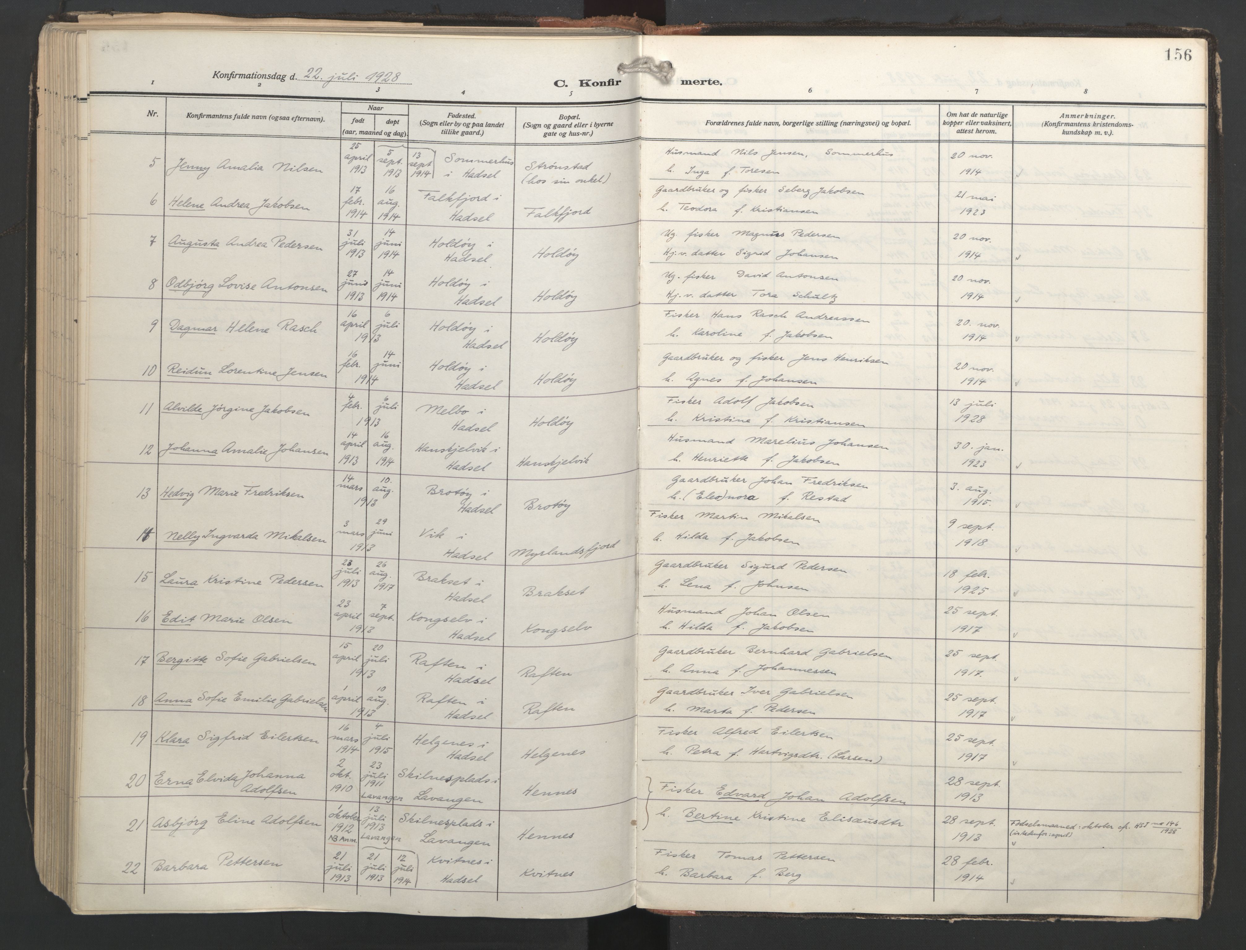 Ministerialprotokoller, klokkerbøker og fødselsregistre - Nordland, SAT/A-1459/888/L1249: Parish register (official) no. 888A15, 1911-1929, p. 156
