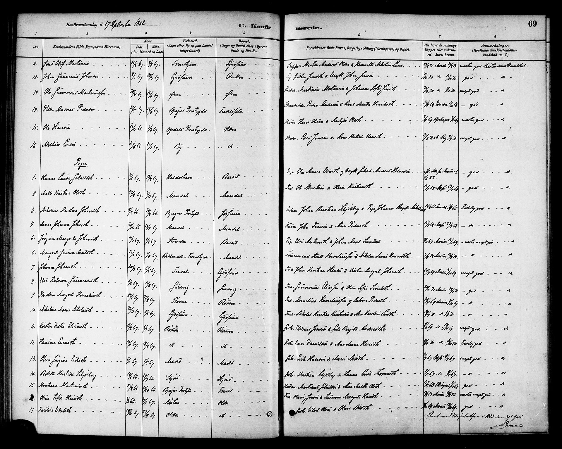 Ministerialprotokoller, klokkerbøker og fødselsregistre - Sør-Trøndelag, SAT/A-1456/654/L0663: Parish register (official) no. 654A01, 1880-1894, p. 69