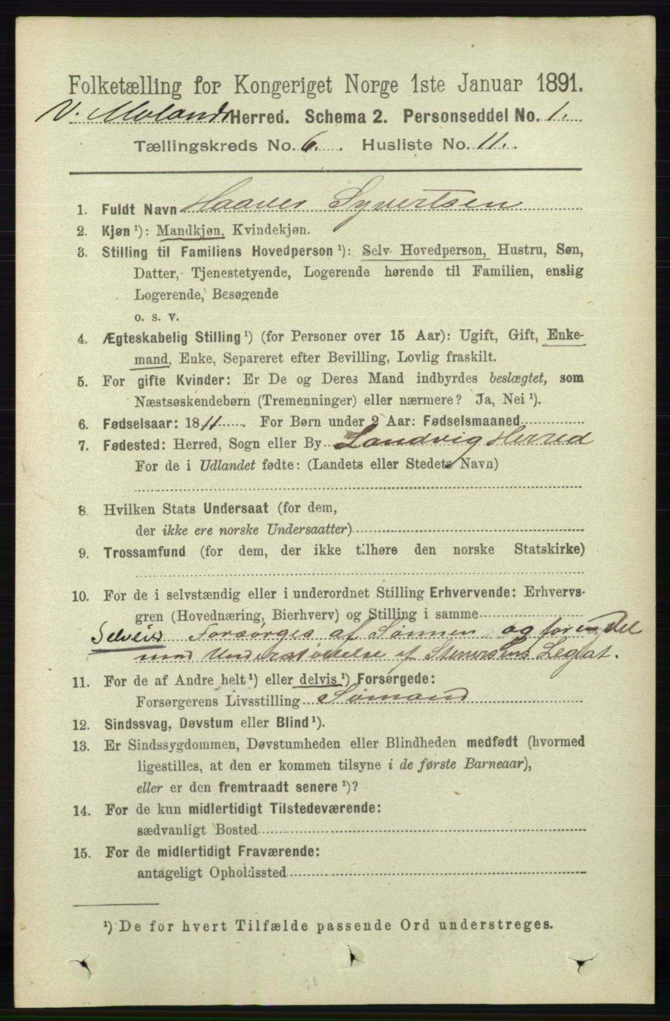 RA, 1891 census for 0926 Vestre Moland, 1891, p. 2395