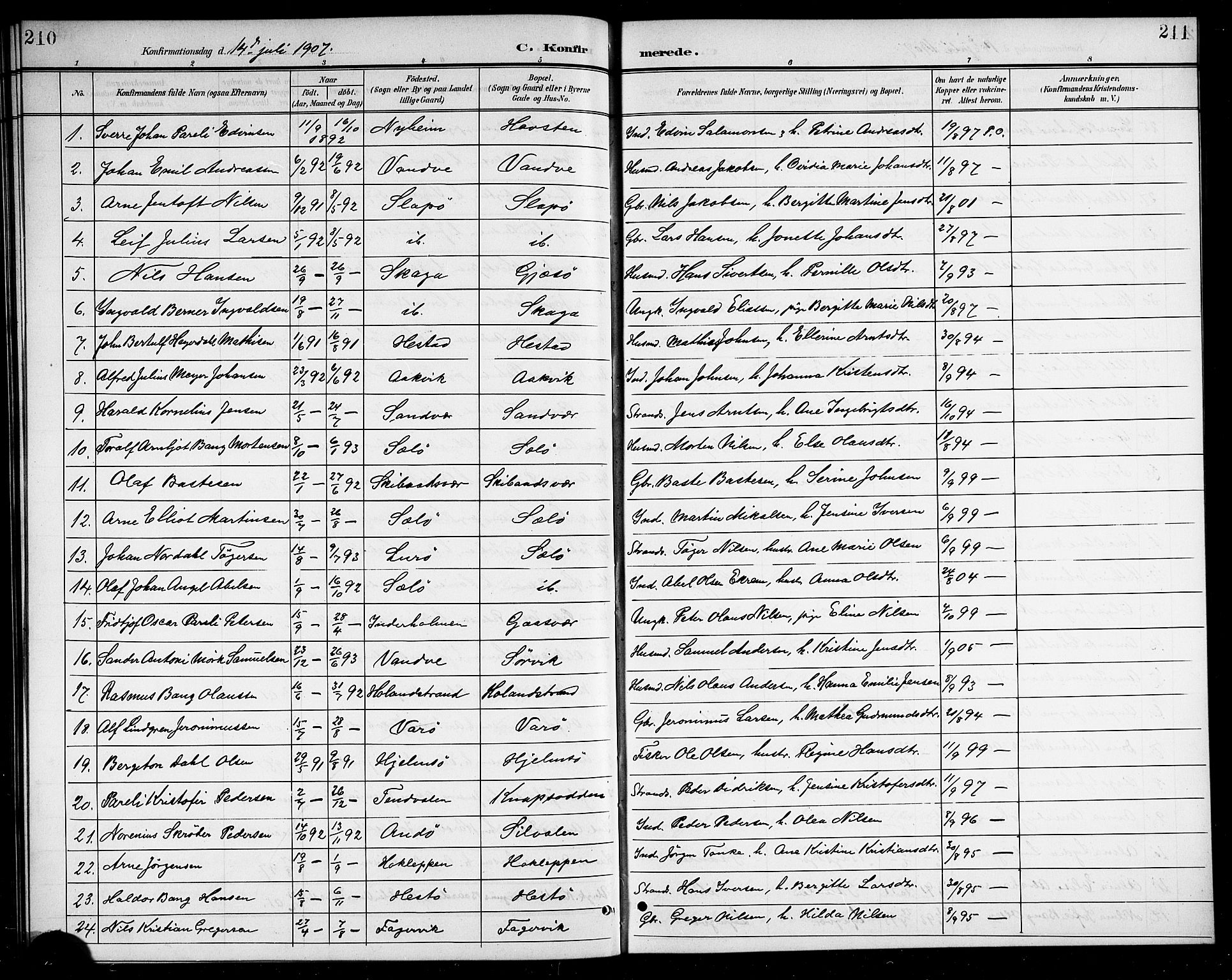 Ministerialprotokoller, klokkerbøker og fødselsregistre - Nordland, SAT/A-1459/834/L0516: Parish register (copy) no. 834C06, 1902-1918, p. 210-211
