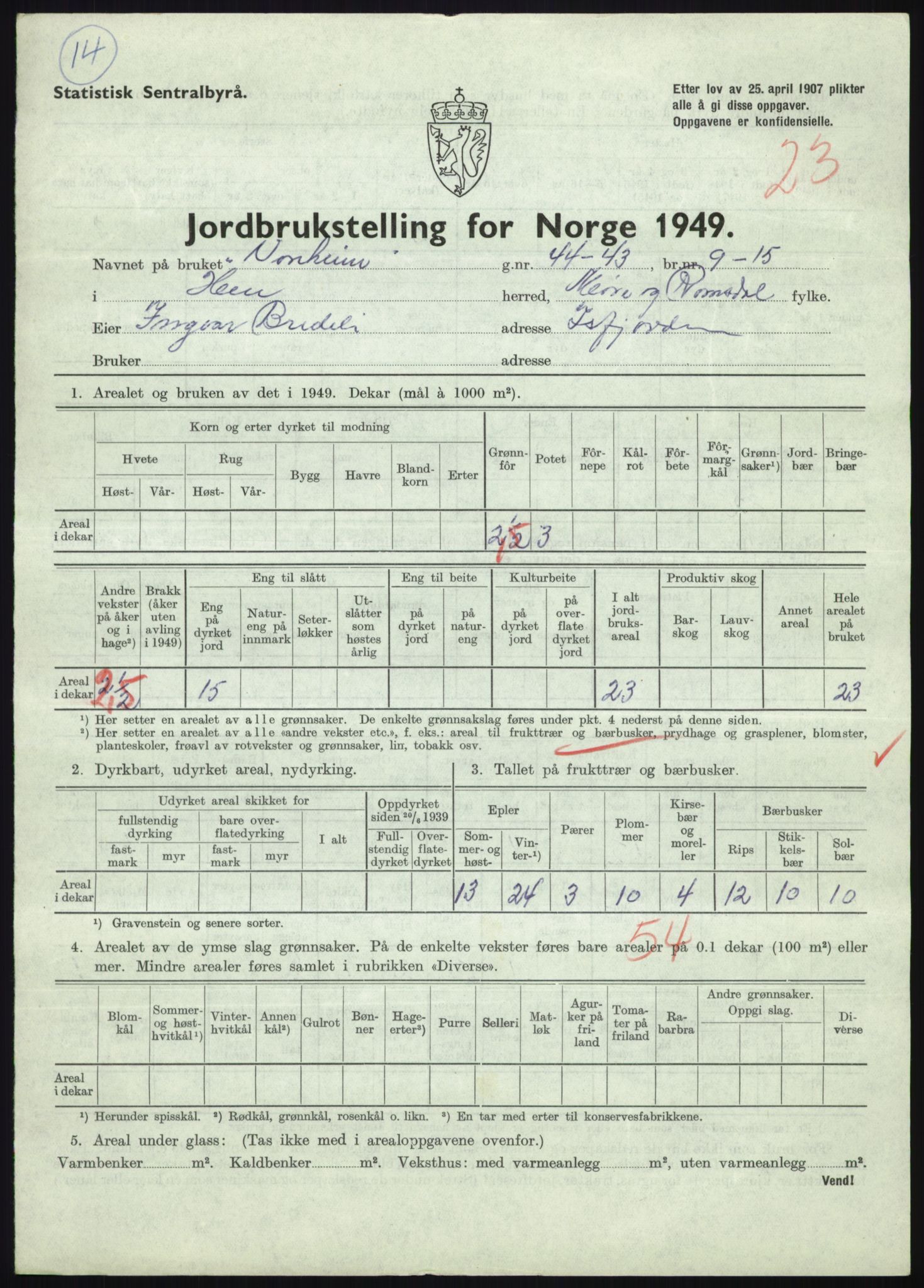 Statistisk sentralbyrå, Næringsøkonomiske emner, Jordbruk, skogbruk, jakt, fiske og fangst, AV/RA-S-2234/G/Gc/L0323: Møre og Romsdal: Grytten og Hen, 1949, p. 619