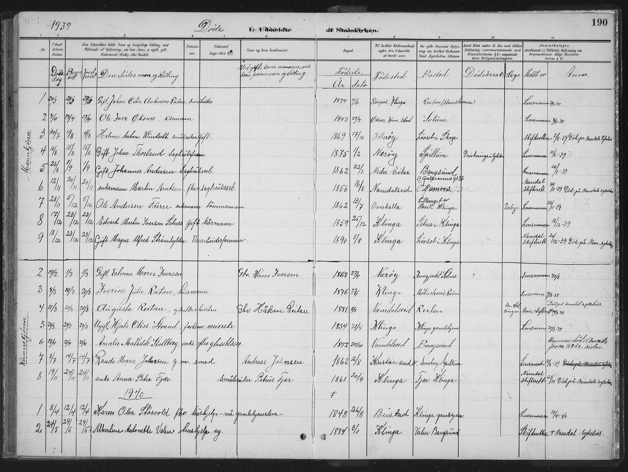 Ministerialprotokoller, klokkerbøker og fødselsregistre - Nord-Trøndelag, SAT/A-1458/770/L0591: Parish register (copy) no. 770C02, 1902-1940, p. 190