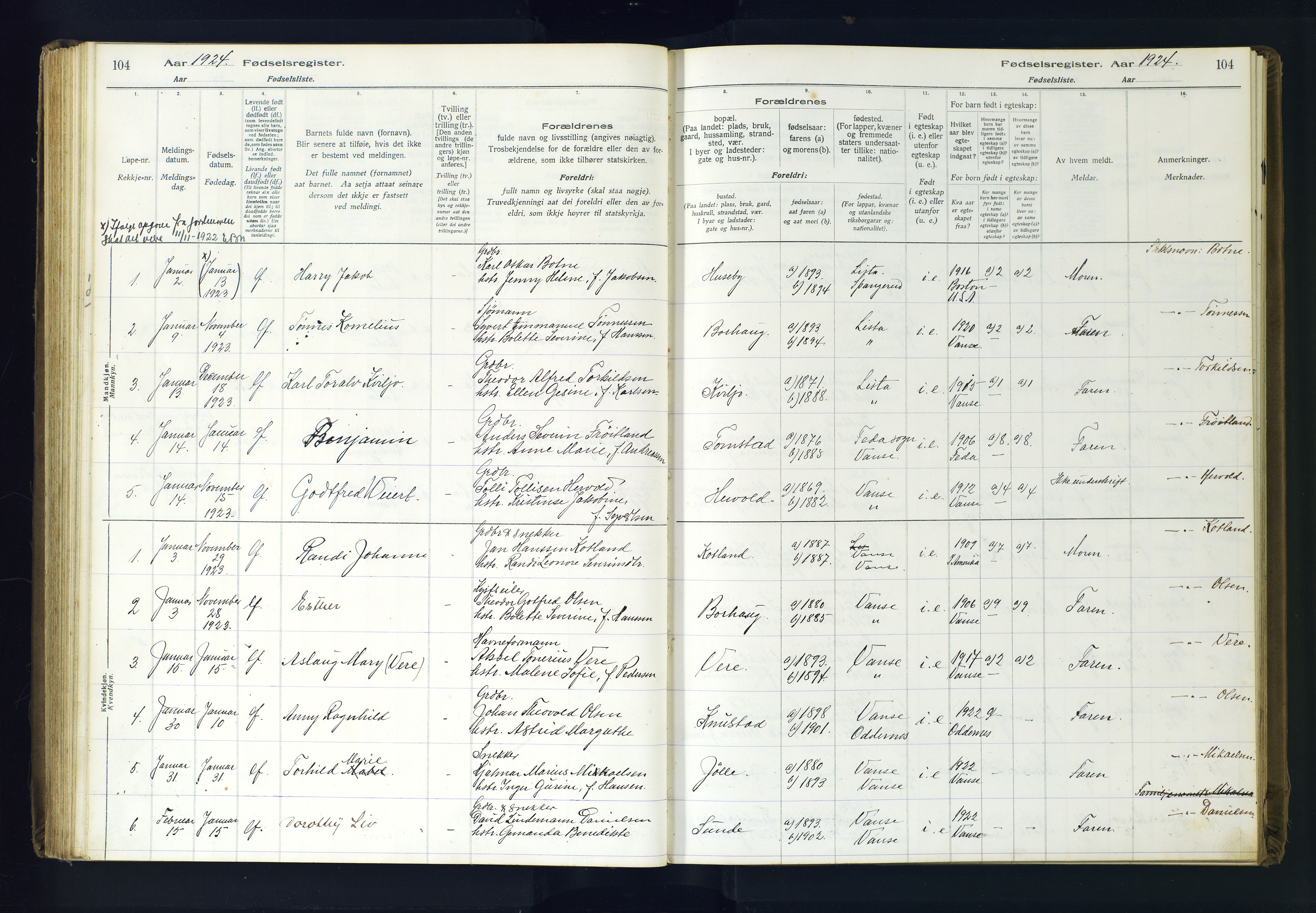 Lista sokneprestkontor, SAK/1111-0027/J/Ja/L0001: Birth register no. A-VI-30, 1916-1934, p. 104