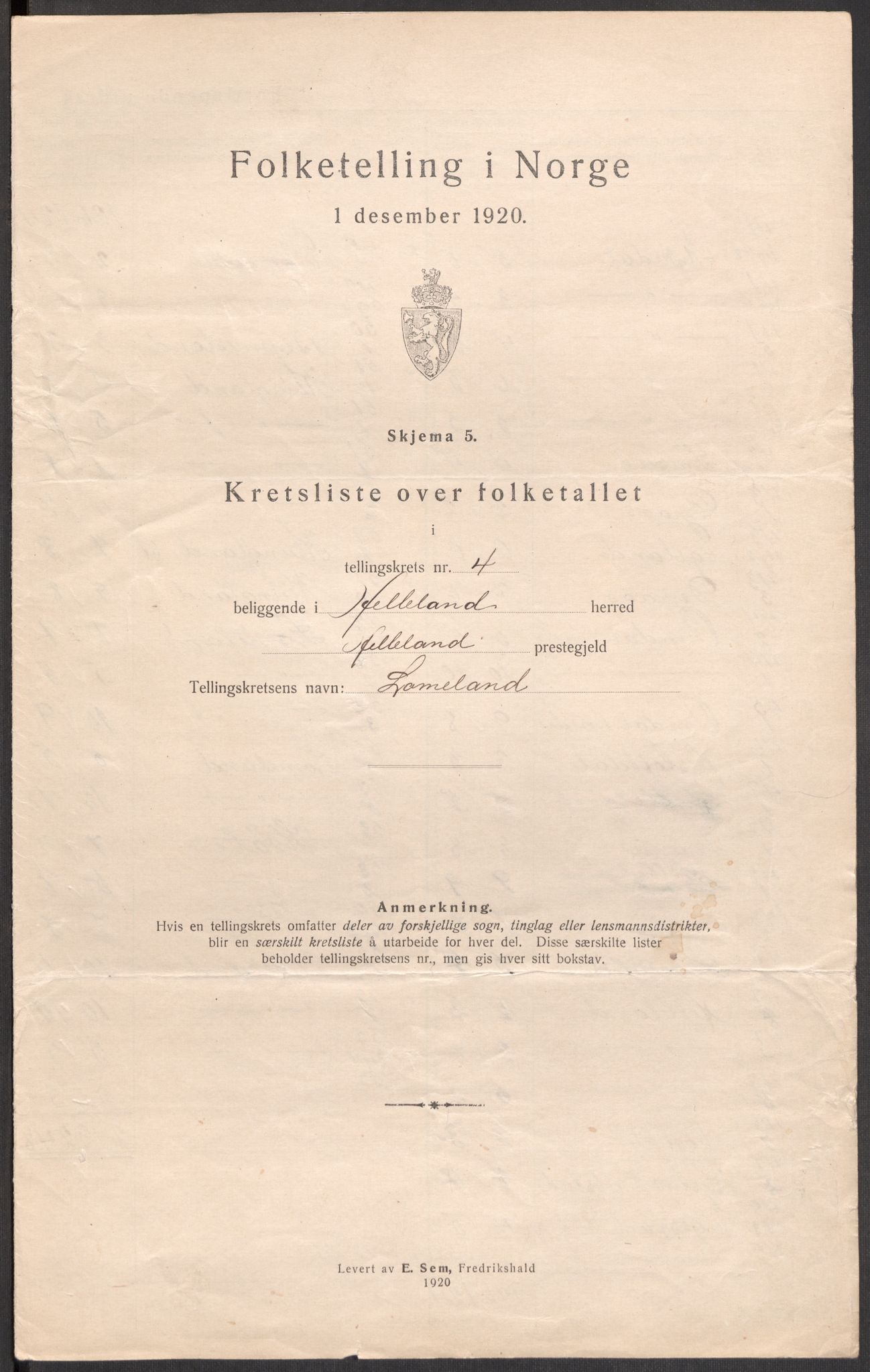 SAST, 1920 census for Helleland, 1920, p. 22