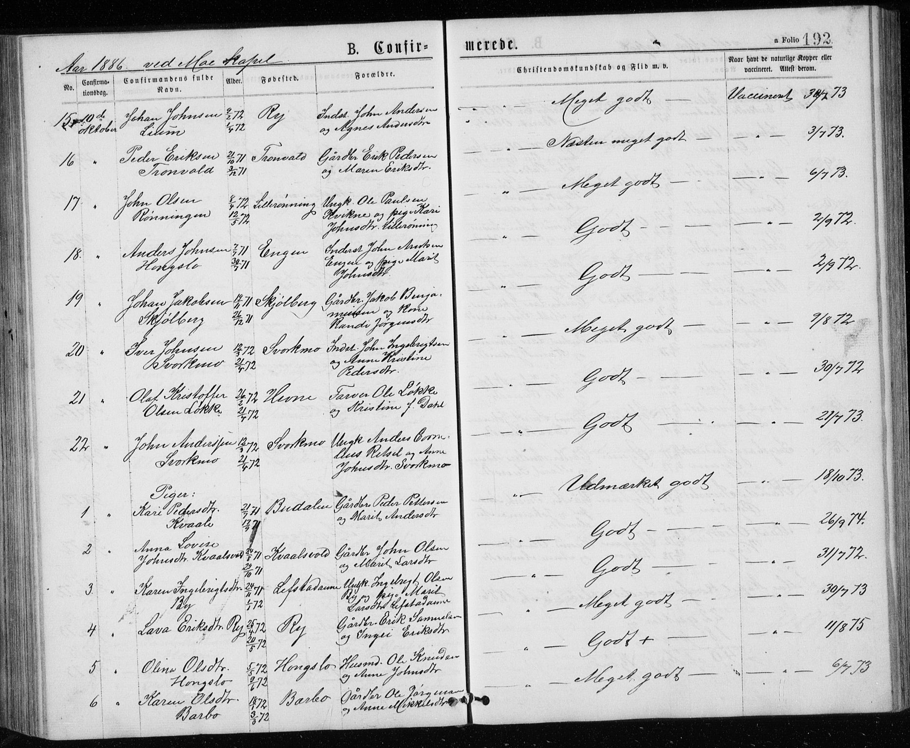 Ministerialprotokoller, klokkerbøker og fødselsregistre - Sør-Trøndelag, SAT/A-1456/671/L0843: Parish register (copy) no. 671C02, 1873-1892, p. 192