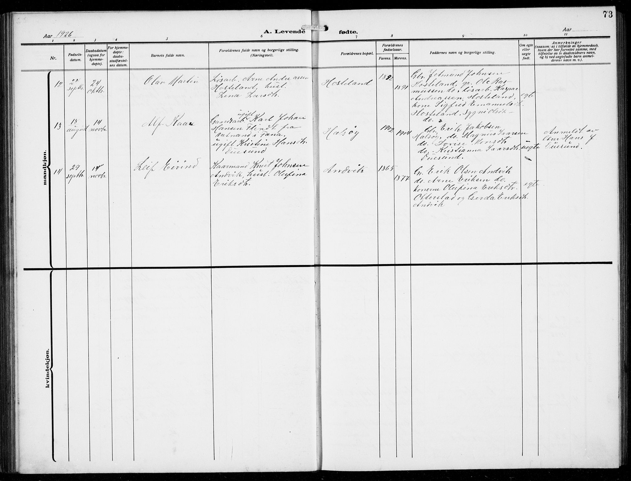 Masfjorden Sokneprestembete, SAB/A-77001: Parish register (copy) no. B  2, 1912-1939, p. 73