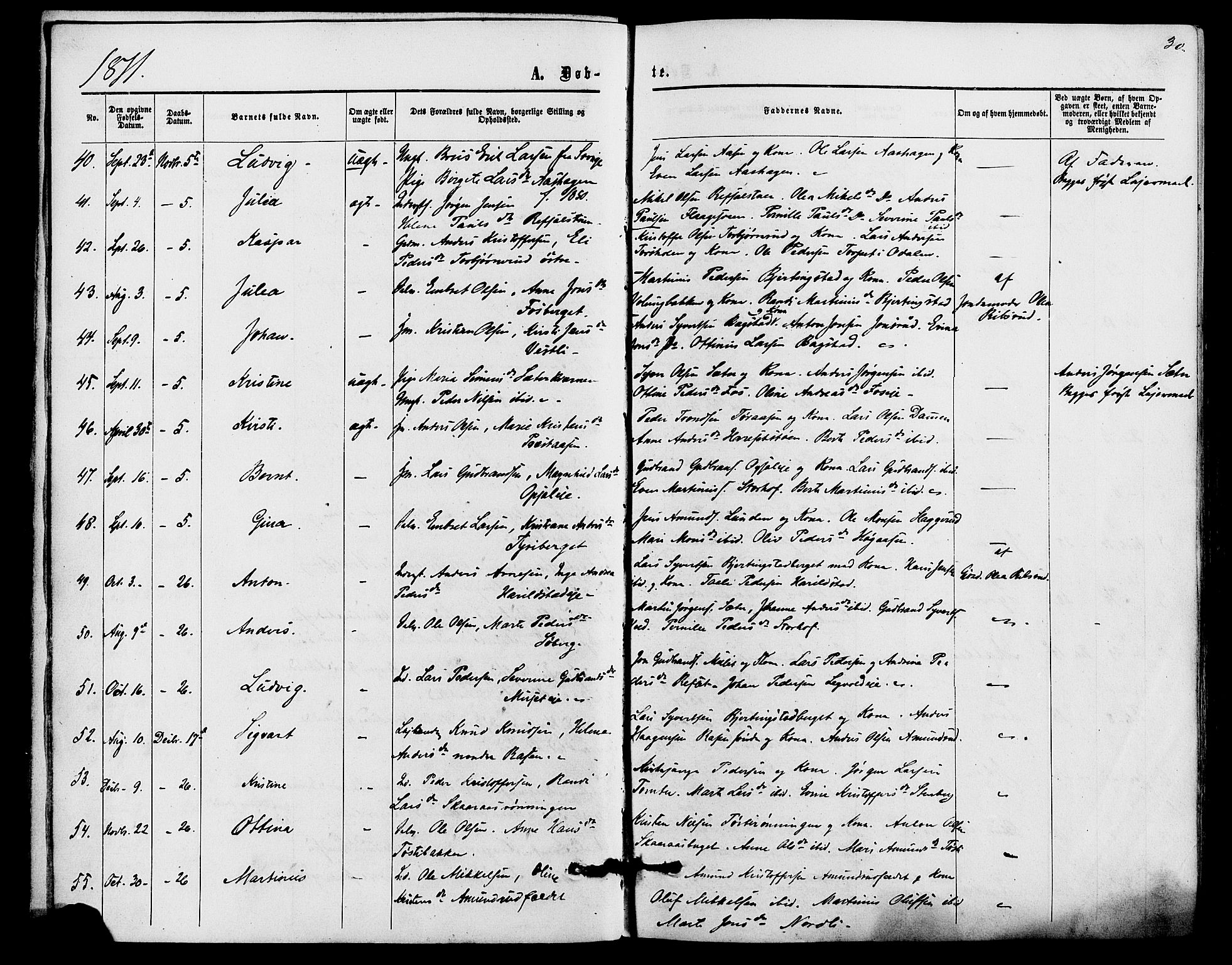 Romedal prestekontor, AV/SAH-PREST-004/K/L0006: Parish register (official) no. 6, 1866-1886, p. 30