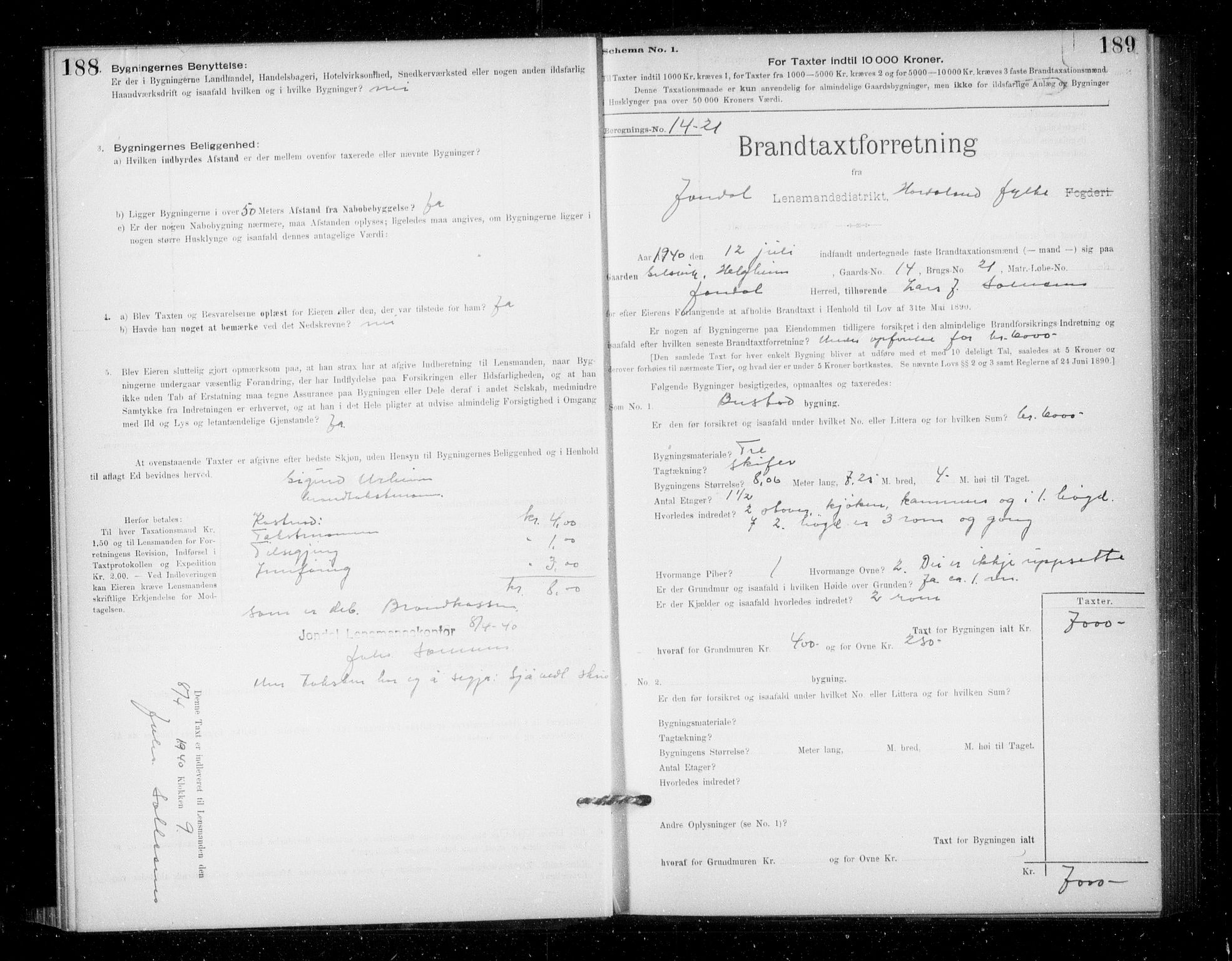 Lensmannen i Jondal, SAB/A-33101/0012/L0005: Branntakstprotokoll, skjematakst, 1894-1951, p. 188-189