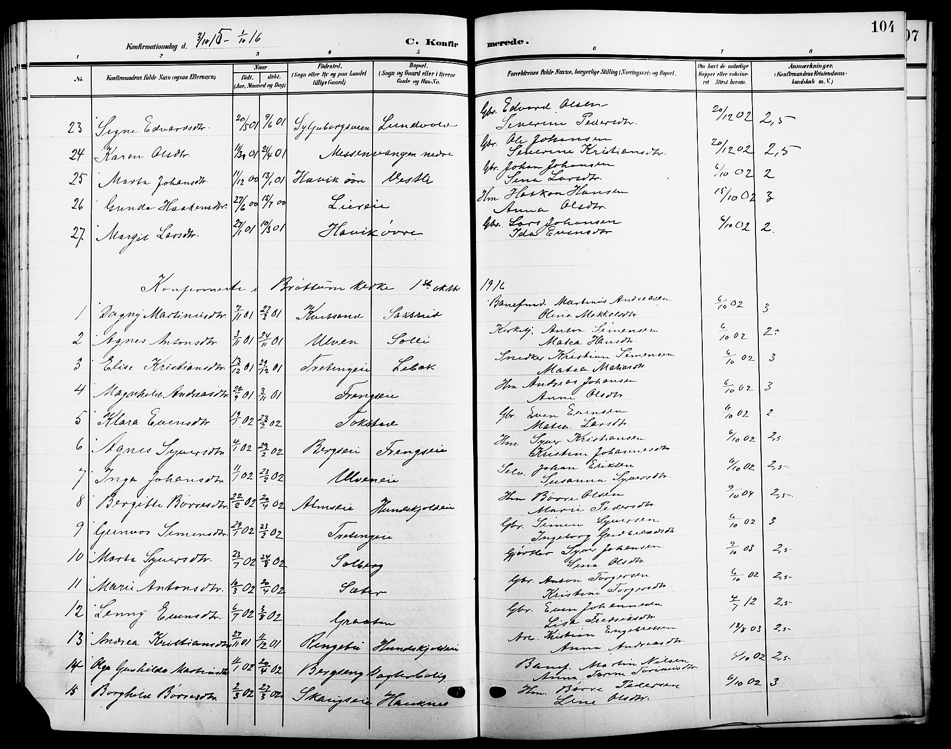Ringsaker prestekontor, SAH/PREST-014/L/La/L0016: Parish register (copy) no. 16, 1905-1920, p. 104