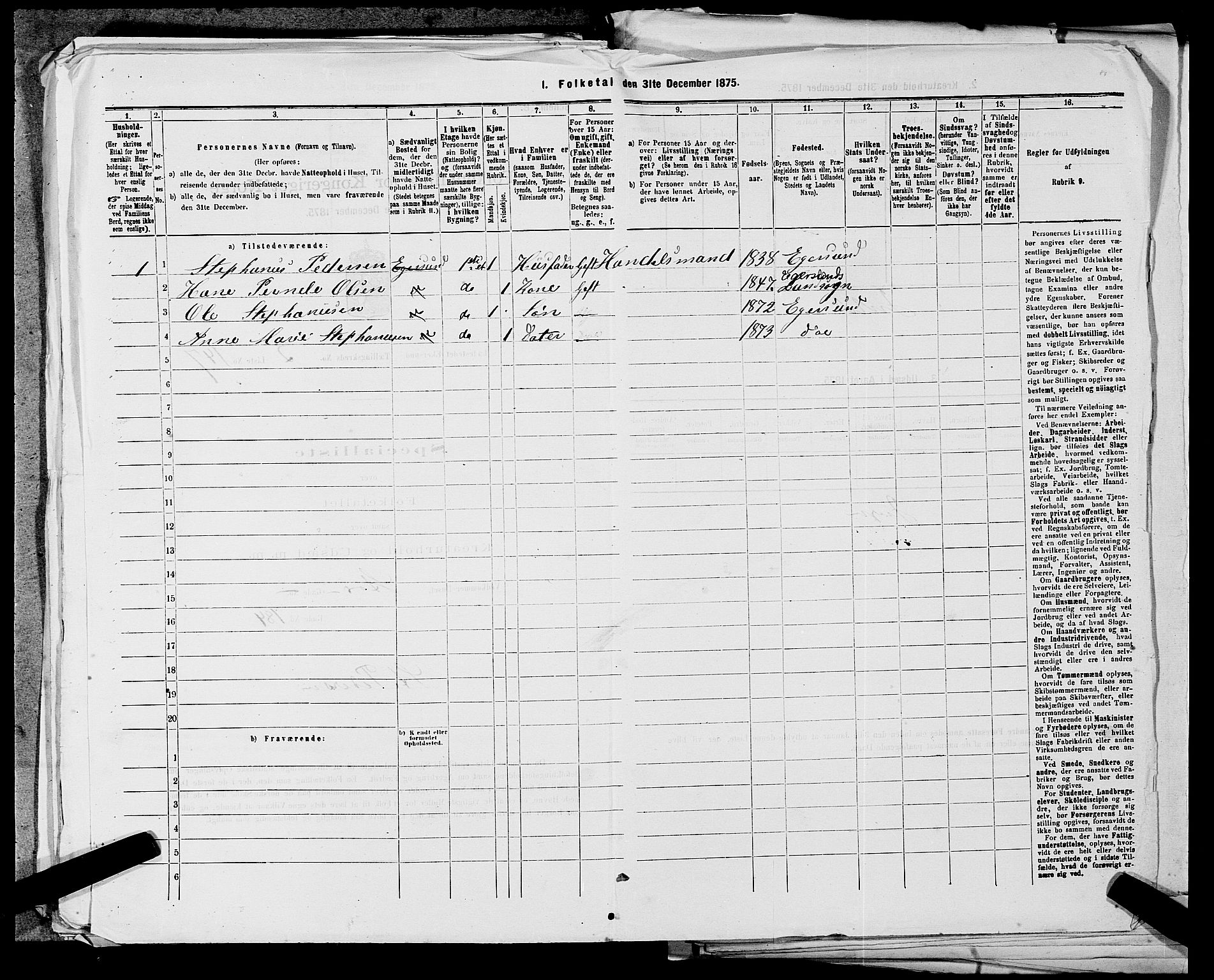 SAST, 1875 census for 1101B Eigersund parish, Egersund town, 1875, p. 312