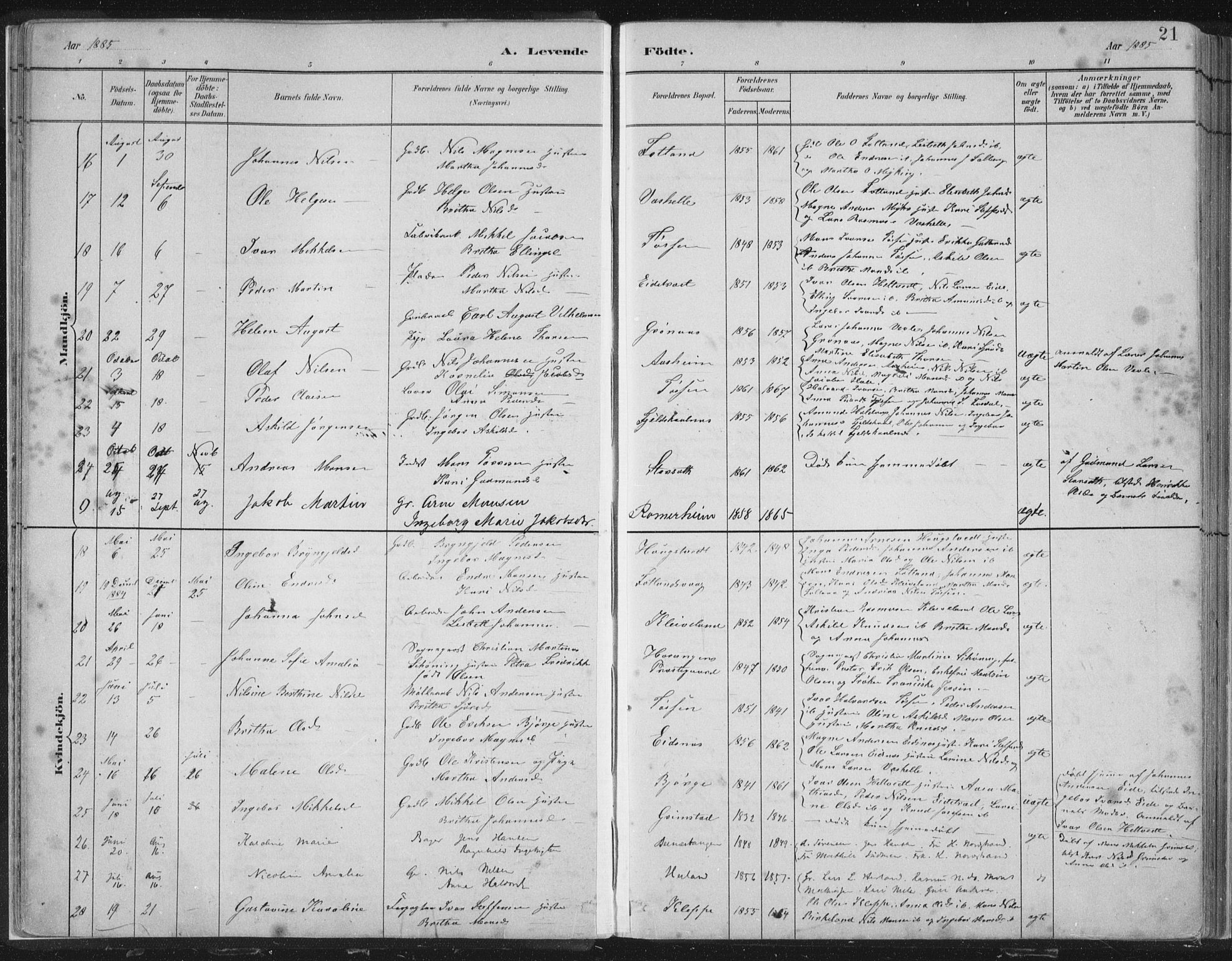Hosanger sokneprestembete, SAB/A-75801/H/Hab: Parish register (copy) no. A 3 I, 1882-1903, p. 21