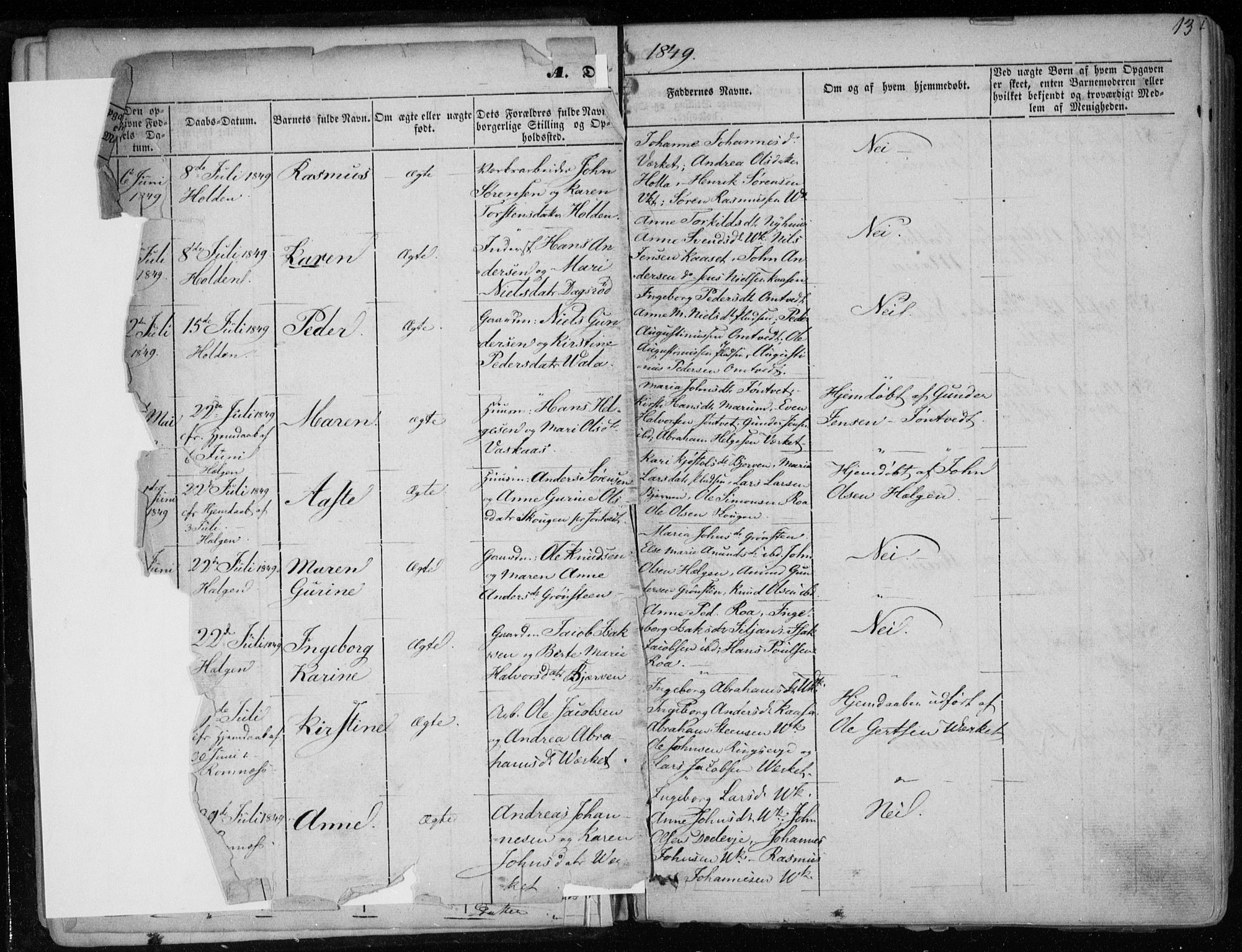 Holla kirkebøker, SAKO/A-272/F/Fa/L0005: Parish register (official) no. 5, 1849-1860, p. 13