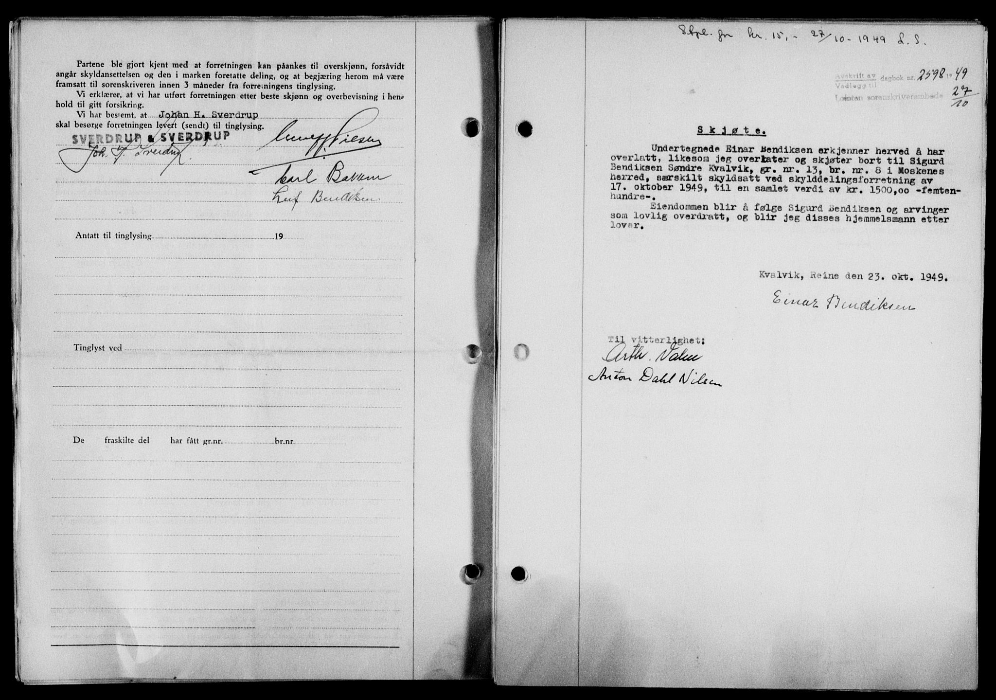 Lofoten sorenskriveri, SAT/A-0017/1/2/2C/L0022a: Mortgage book no. 22a, 1949-1950, Diary no: : 2598/1949