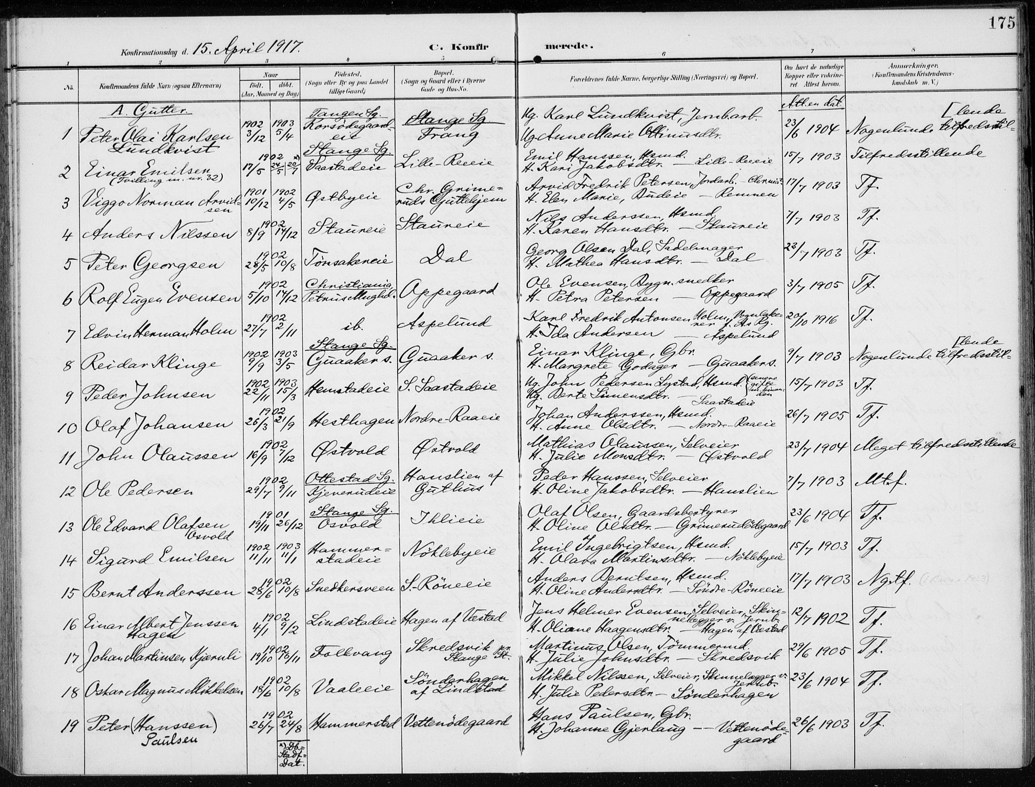 Stange prestekontor, SAH/PREST-002/K/L0024: Parish register (official) no. 24, 1906-1922, p. 175