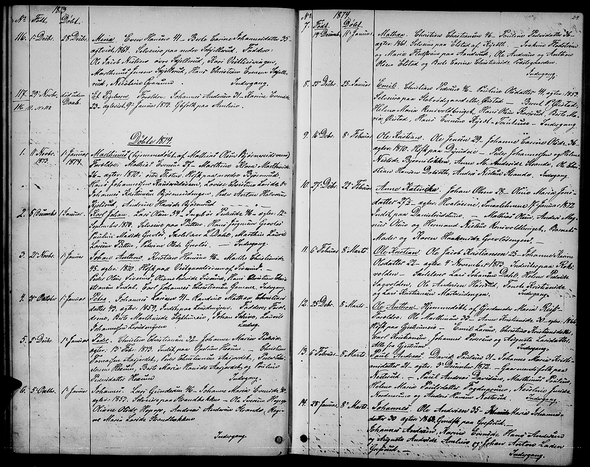 Vestre Toten prestekontor, AV/SAH-PREST-108/H/Ha/Hab/L0006: Parish register (copy) no. 6, 1870-1887, p. 24