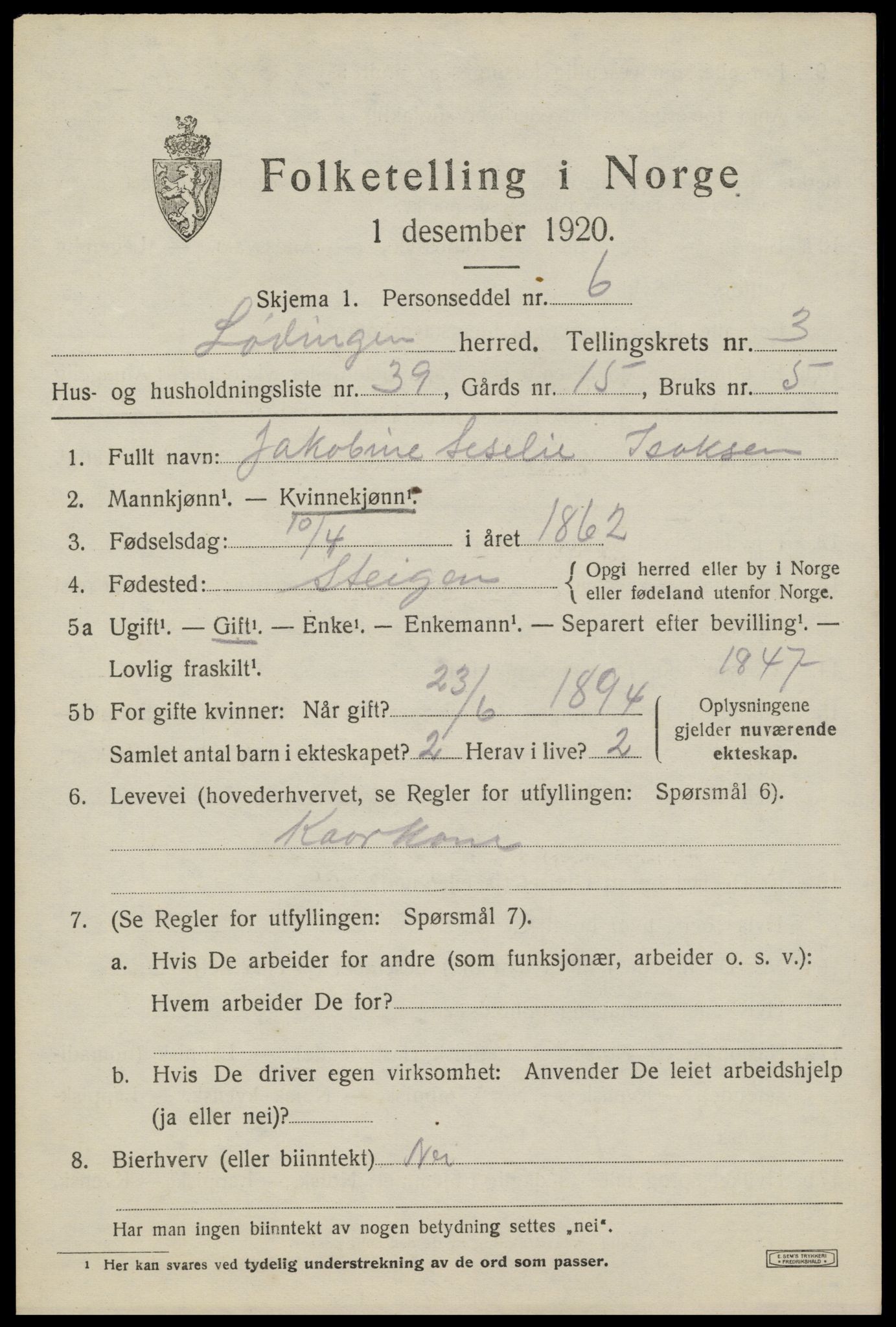 SAT, 1920 census for Lødingen, 1920, p. 2595