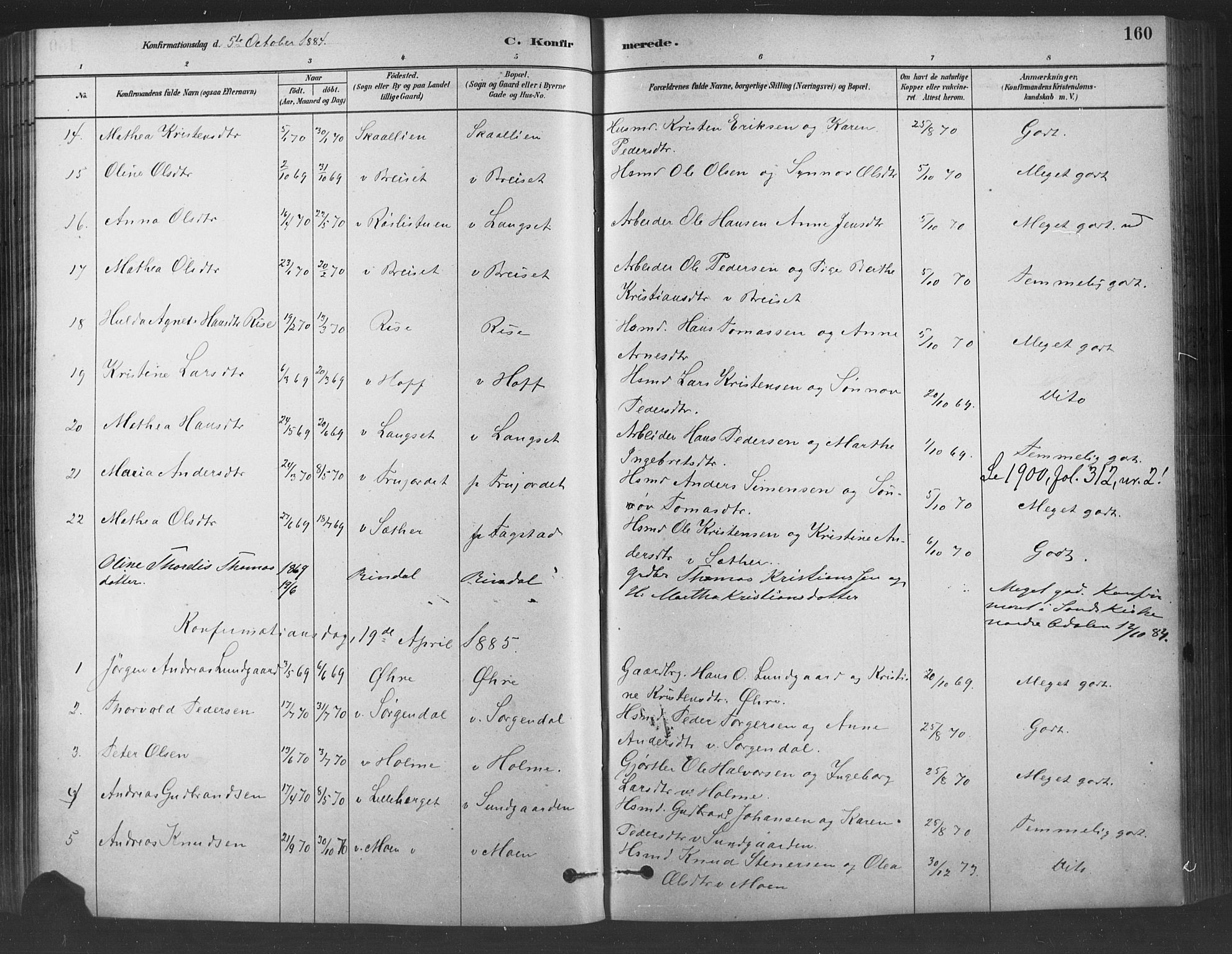 Fåberg prestekontor, SAH/PREST-086/H/Ha/Haa/L0009: Parish register (official) no. 9, 1879-1898, p. 160