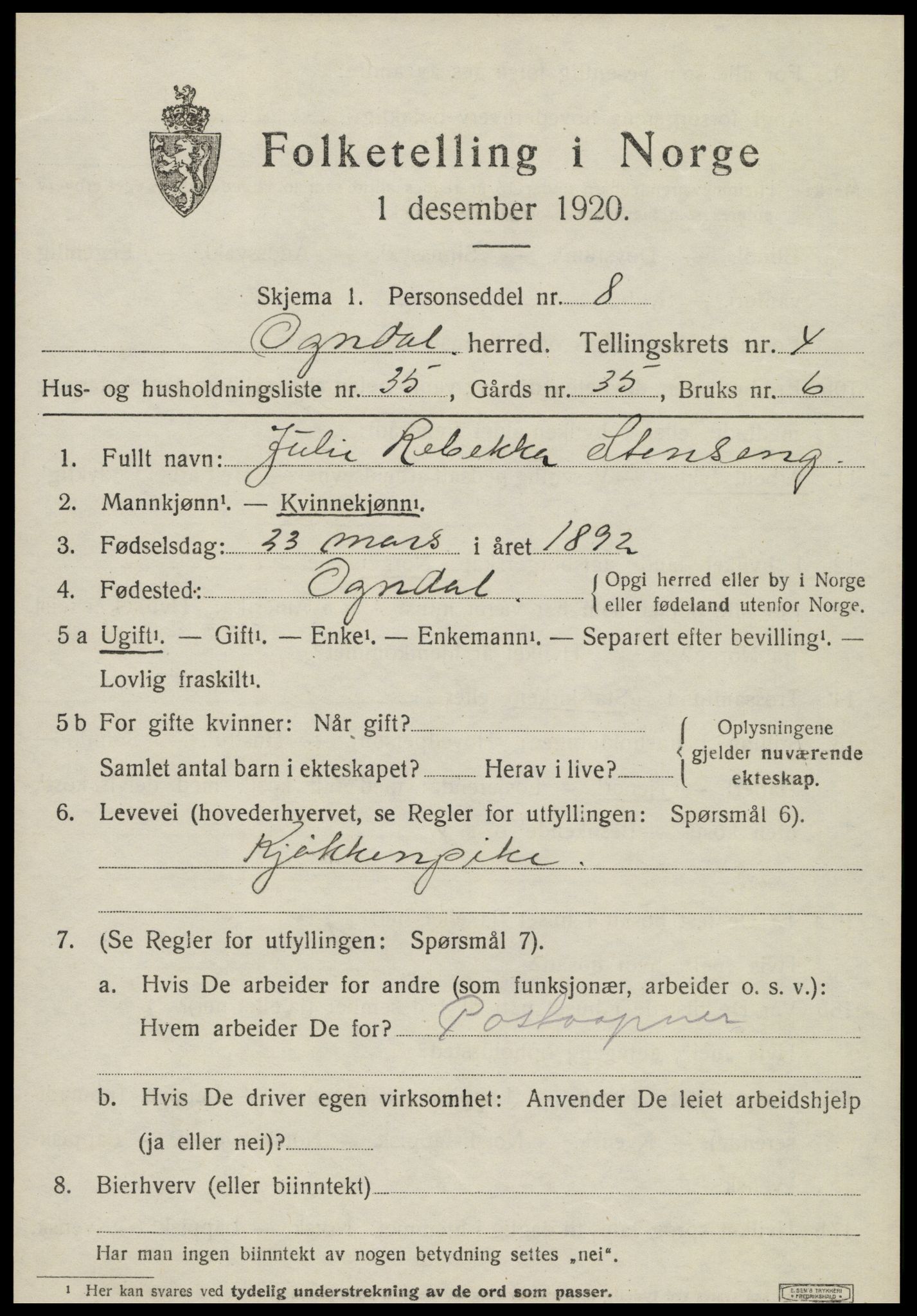 SAT, 1920 census for Ogndal, 1920, p. 1795