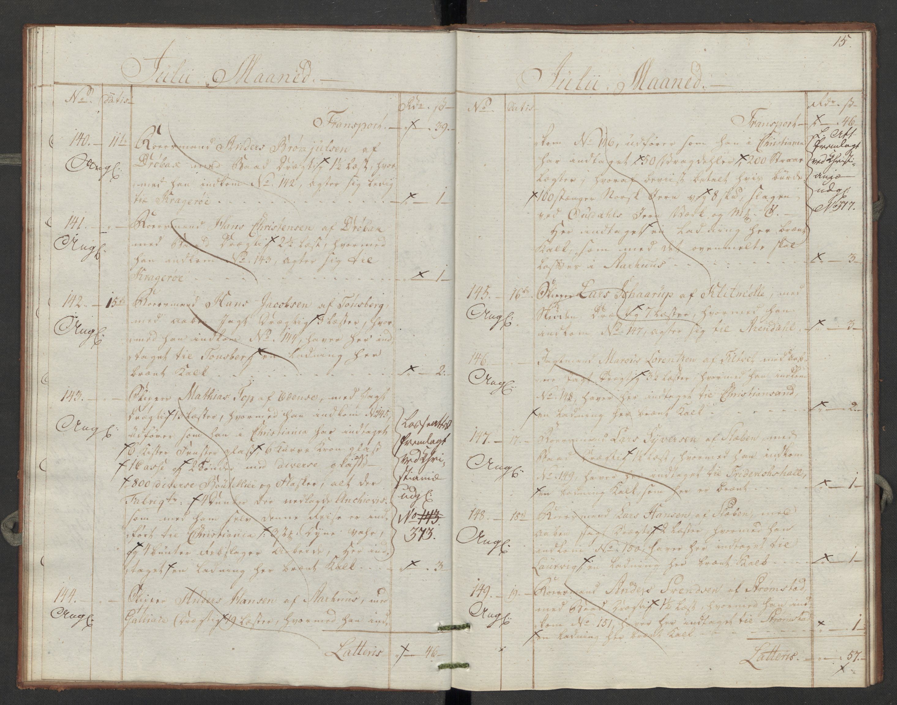 Generaltollkammeret, tollregnskaper, AV/RA-EA-5490/R06/L0196/0002: Tollregnskaper Kristiania / Utgående tollbok Slependen, 1794, p. 14b-15a