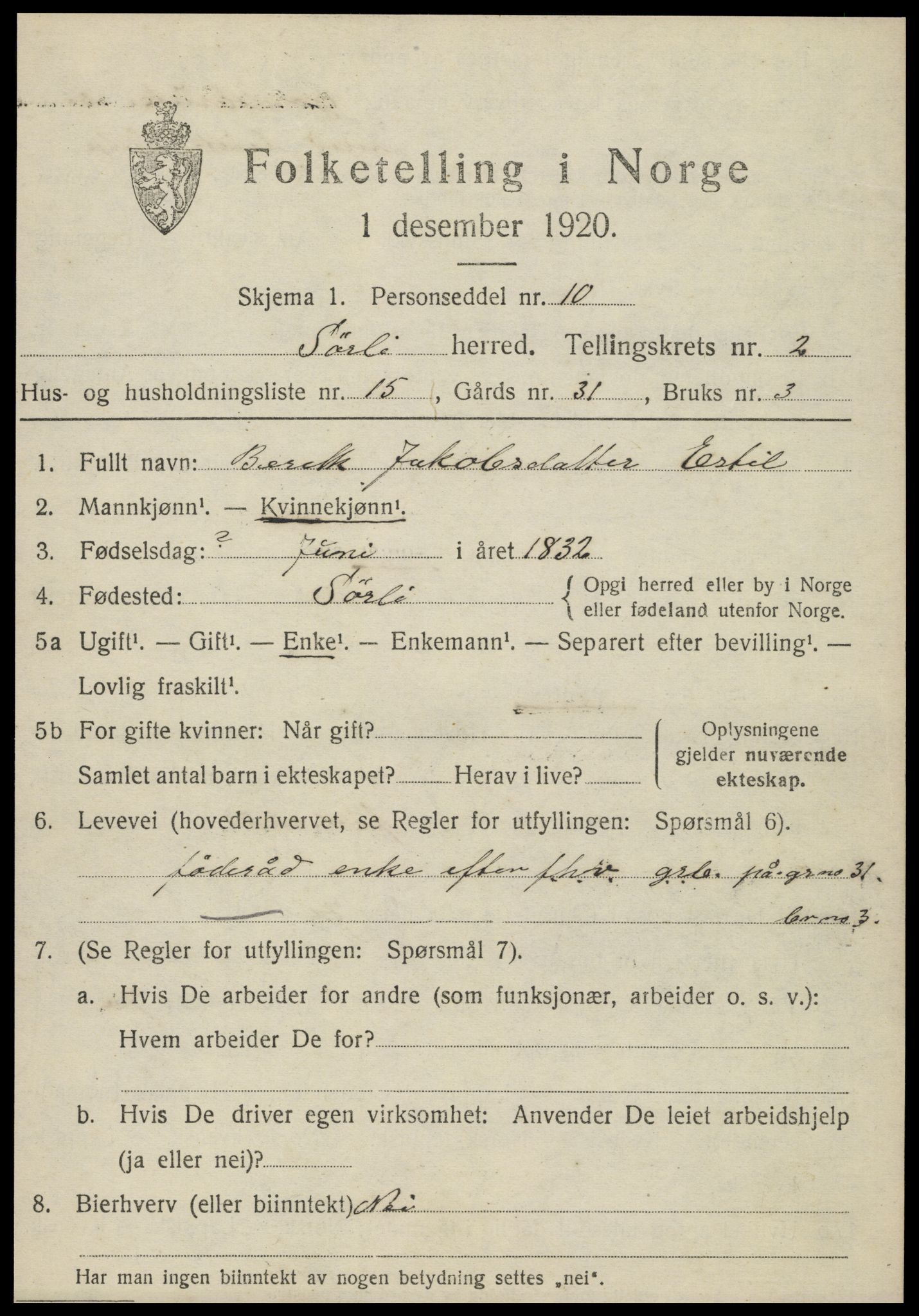 SAT, 1920 census for Sørli, 1920, p. 1043