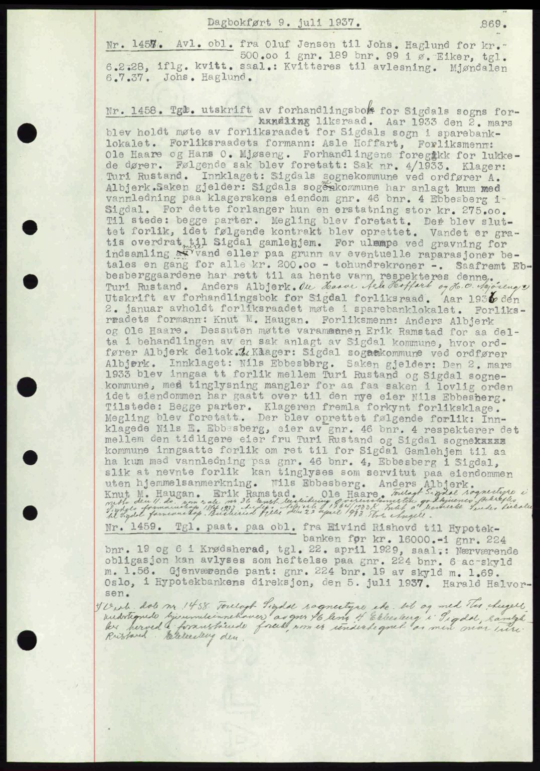 Eiker, Modum og Sigdal sorenskriveri, SAKO/A-123/G/Ga/Gab/L0035: Mortgage book no. A5, 1937-1937, Diary no: : 1457/1937
