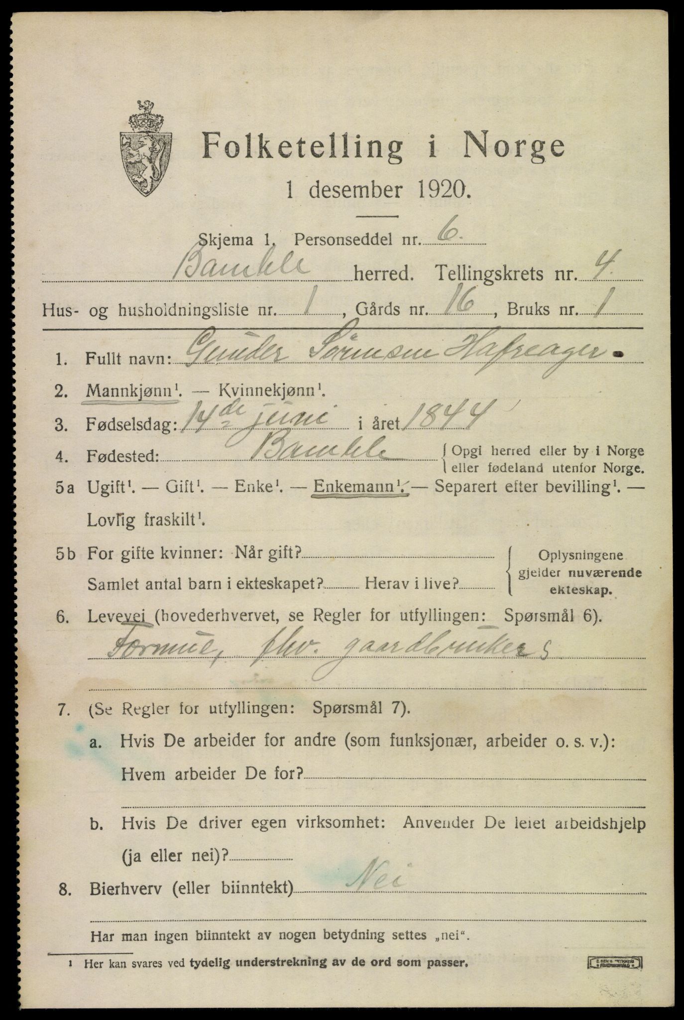 SAKO, 1920 census for Bamble, 1920, p. 4461