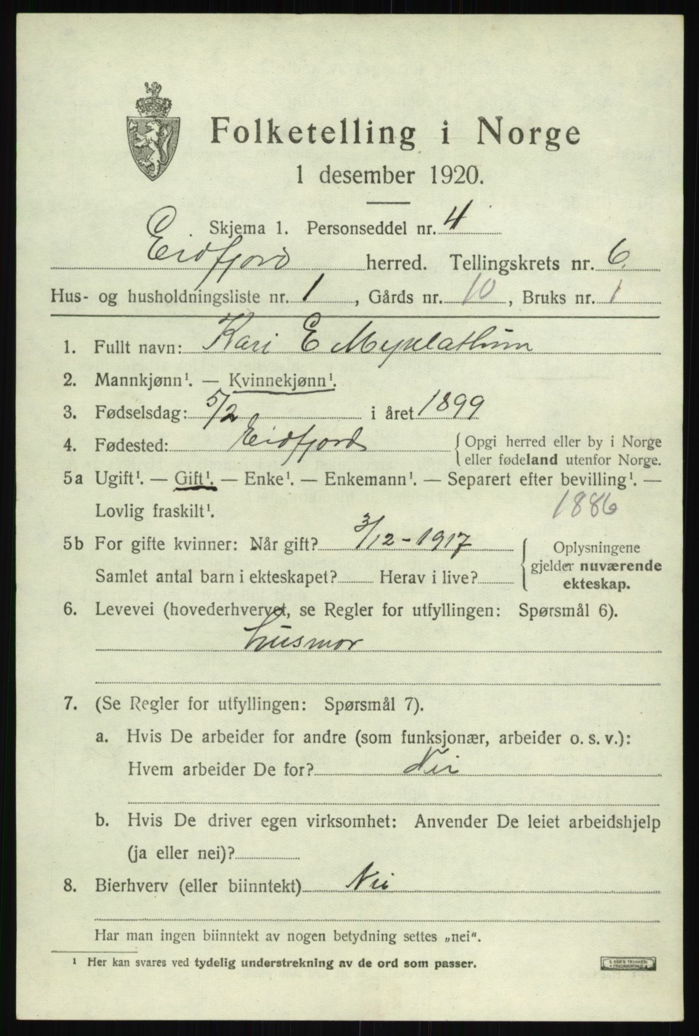 SAB, 1920 census for Eidfjord, 1920, p. 1926