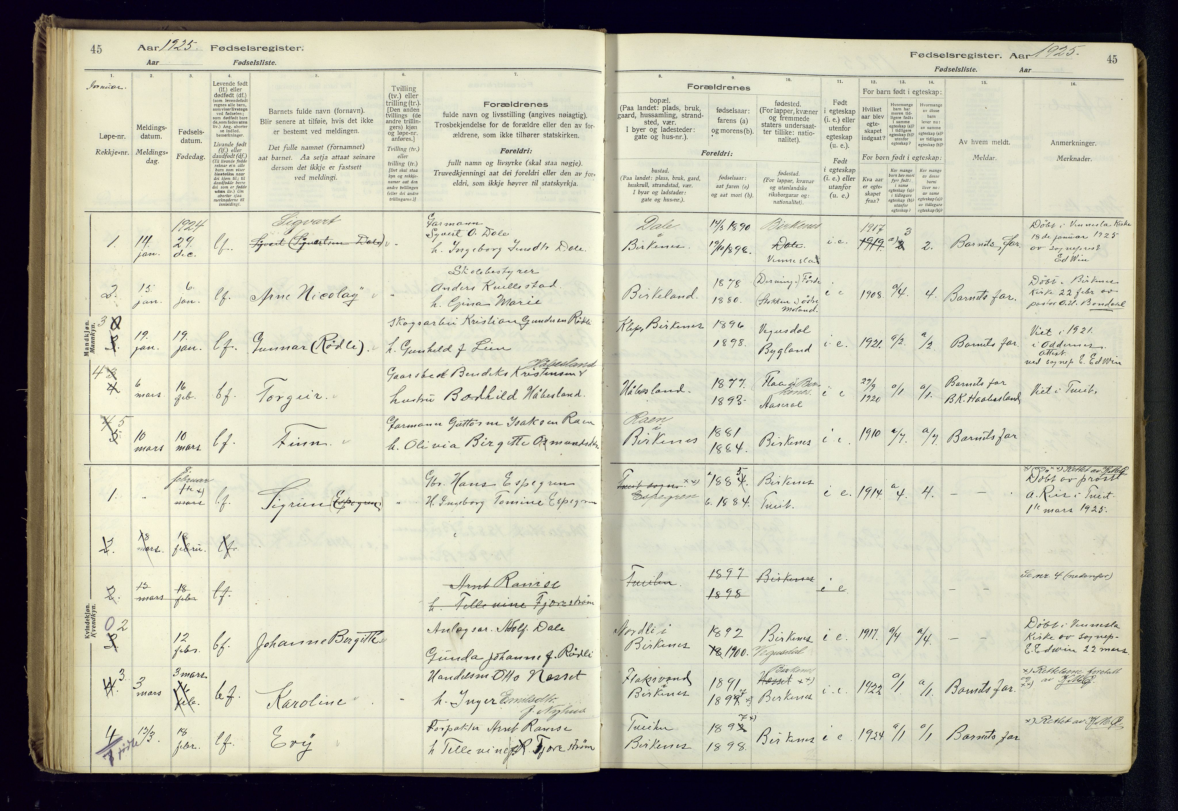 Birkenes sokneprestkontor, AV/SAK-1111-0004/J/Ja/L0001: Birth register no. II.6.4, 1916-1962, p. 45