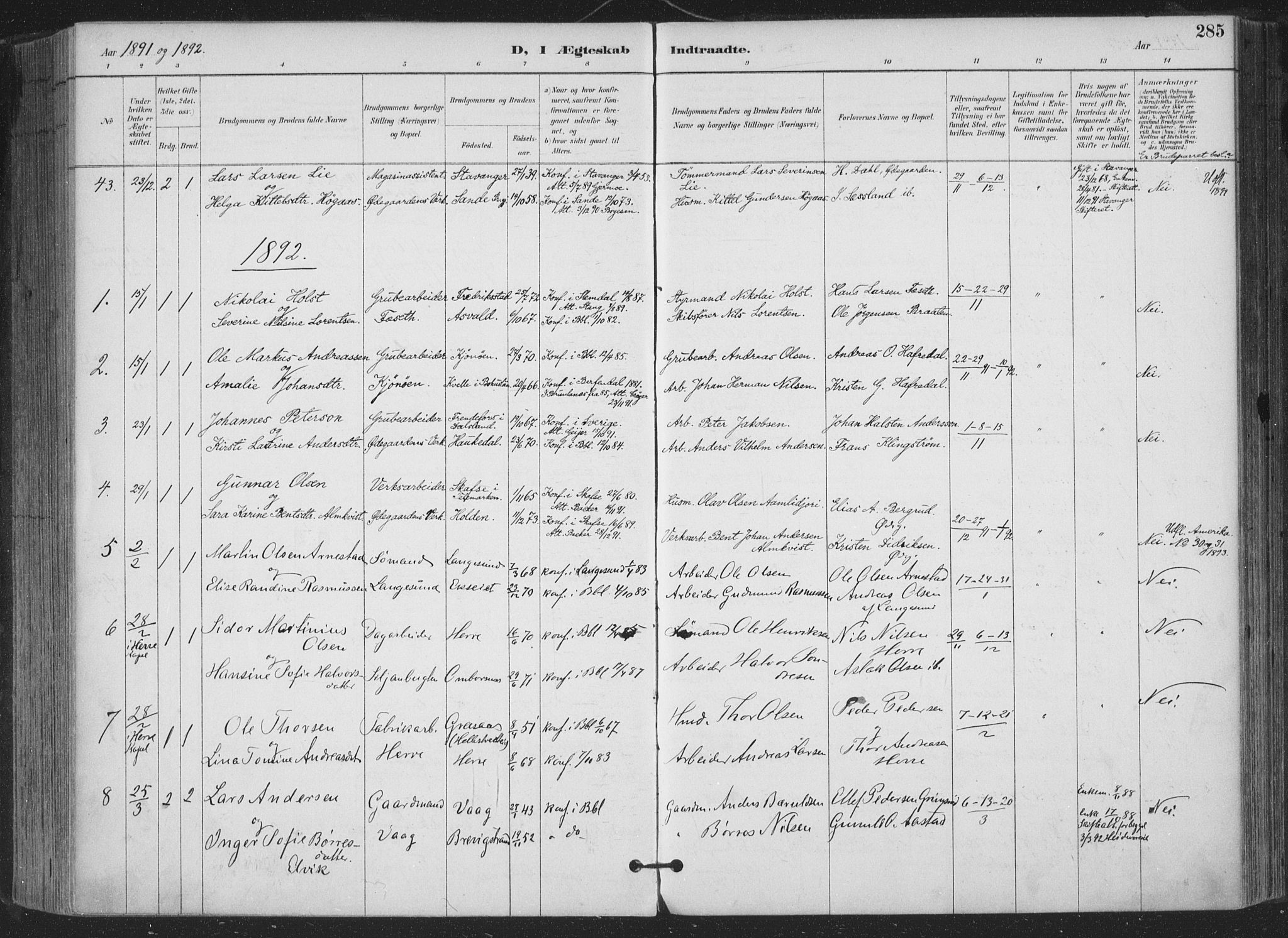 Bamble kirkebøker, SAKO/A-253/F/Fa/L0008: Parish register (official) no. I 8, 1888-1900, p. 285