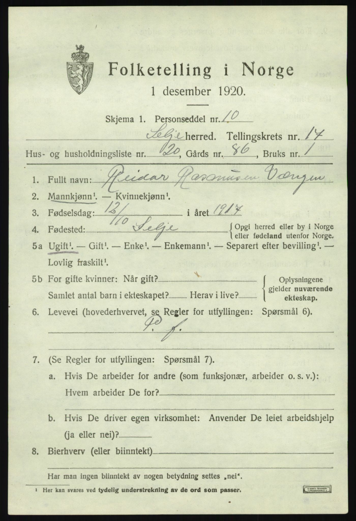 SAB, 1920 census for Selje, 1920, p. 7833