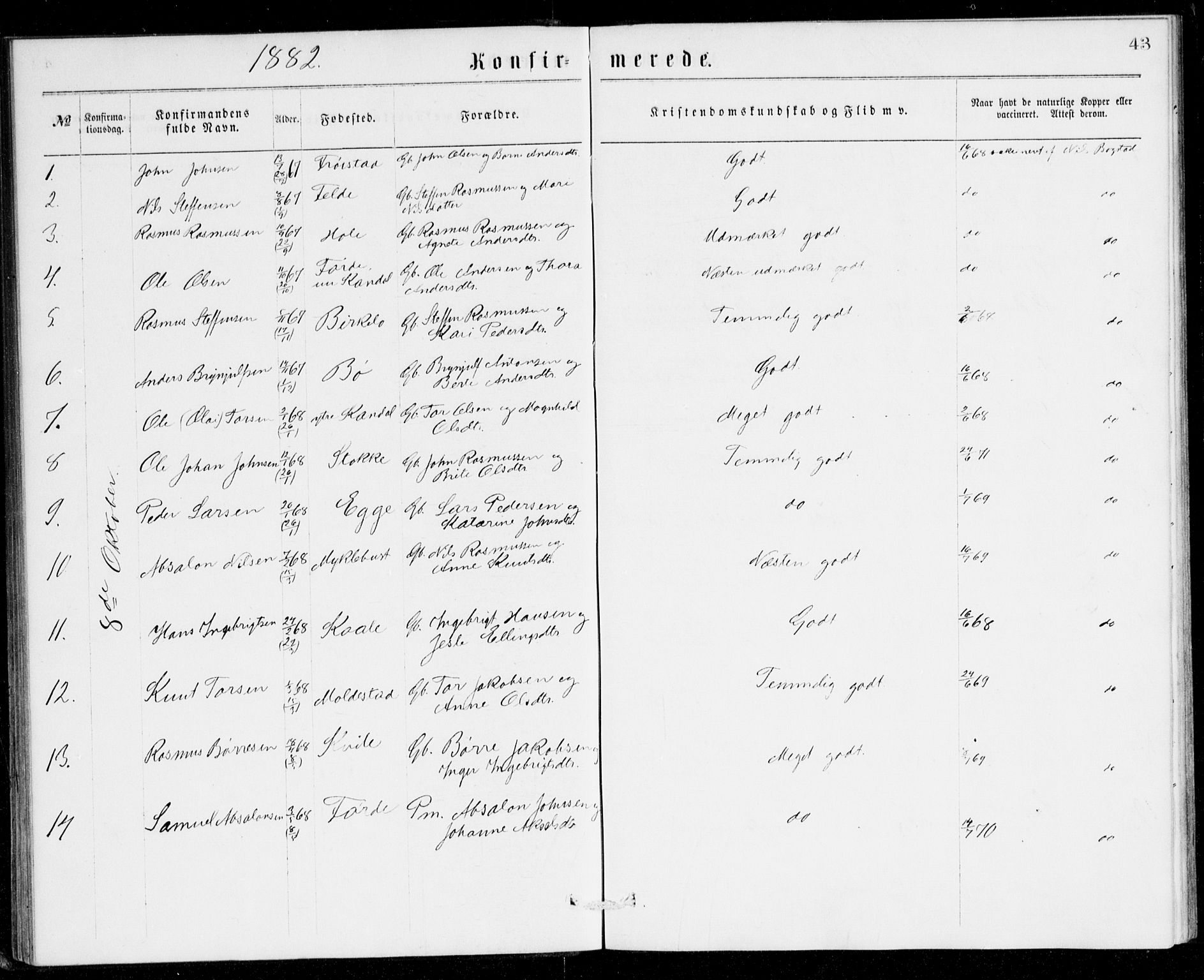 Gloppen sokneprestembete, AV/SAB-A-80101/H/Hac/L0001: Curate's parish register no. A 1, 1867-1886, p. 43