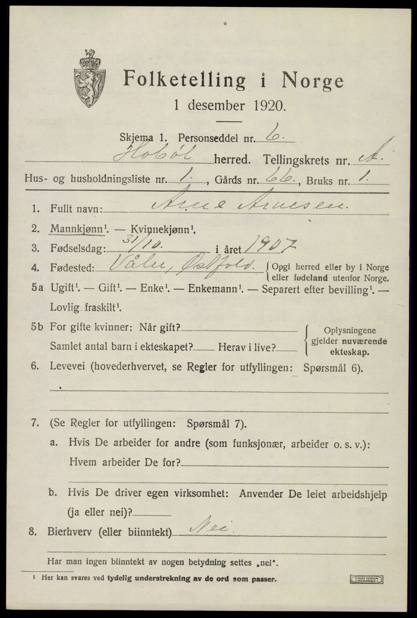 SAO, 1920 census for Hobøl, 1920, p. 896